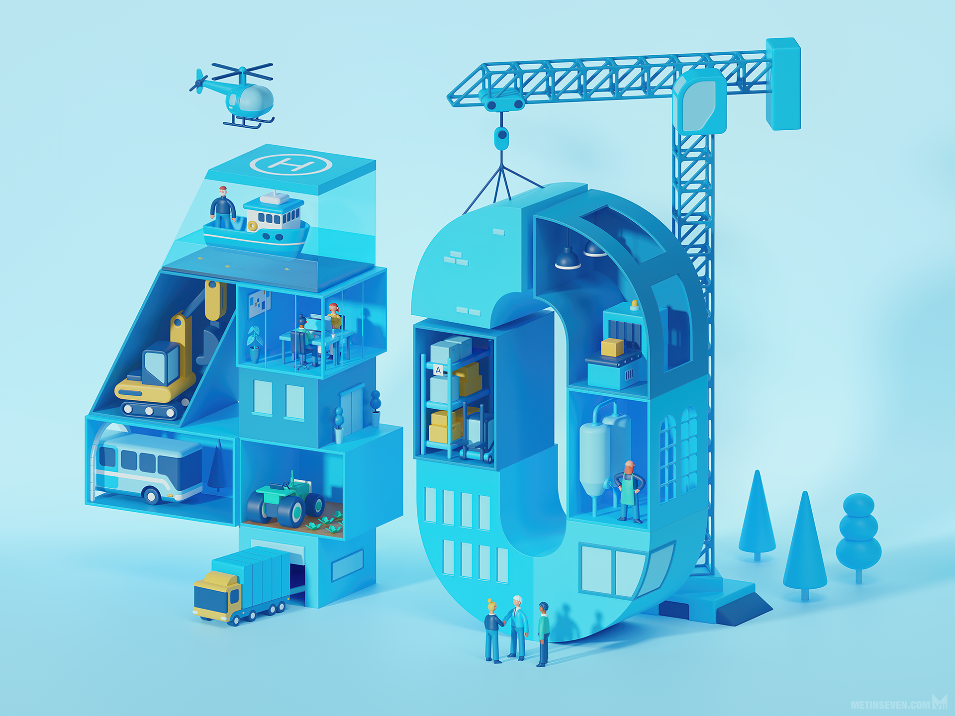 3d, illustratie, gestileerd, stylized, corporate, anniversary, zakelijk, bedrijf, jubileum, 40, crane, kraan, building, gebouw, bouw, services, diensten, characters, karakters, figuren