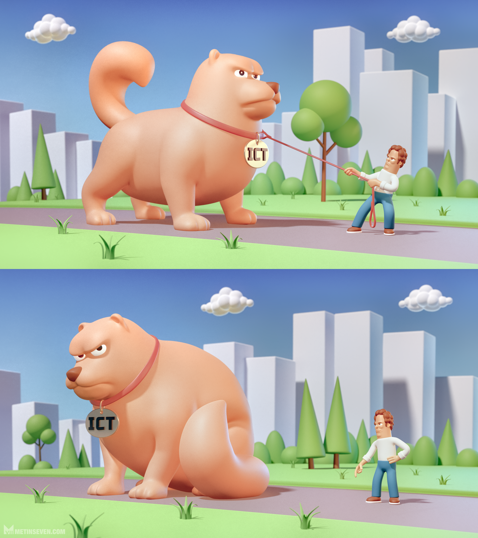 ict, it, management, beheer, dog, hond, man, park, cartoon, illustrator, illustraties, illustrations, city, stad, business, corporate, tech