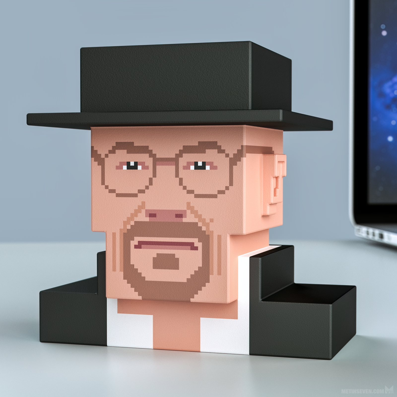 3d printed, bust, breaking bad, walter white, heisenberg, bryan cranston, 3d pixel art, voxel art, pixels, voxels, cubical, square, edgy, rectangular, blocks
