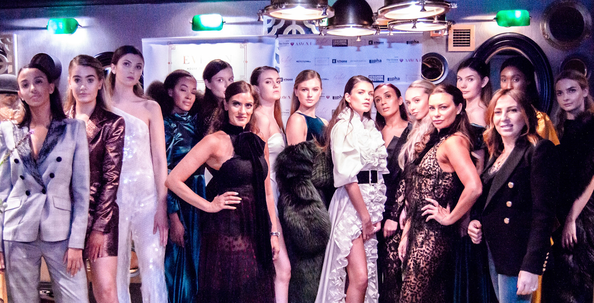 Aisha Kamani boohoo and pretty little thing, Stacey Giggs and Fashion Designer Zeynep Kartal with PHA agency models at the 2018 Christies Charity event at Hotel Gotham Manchester. - event and fashion photographer