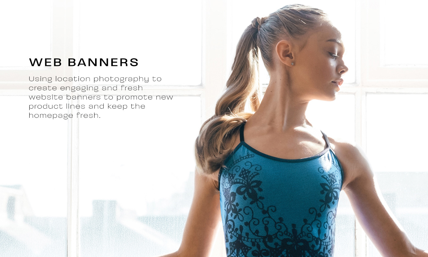 Lindsey Ahmet graphic designer and photographer website banner design image for dancewear central. this explains that using location photography, i ensure that the clients website is kept engaging and fresh