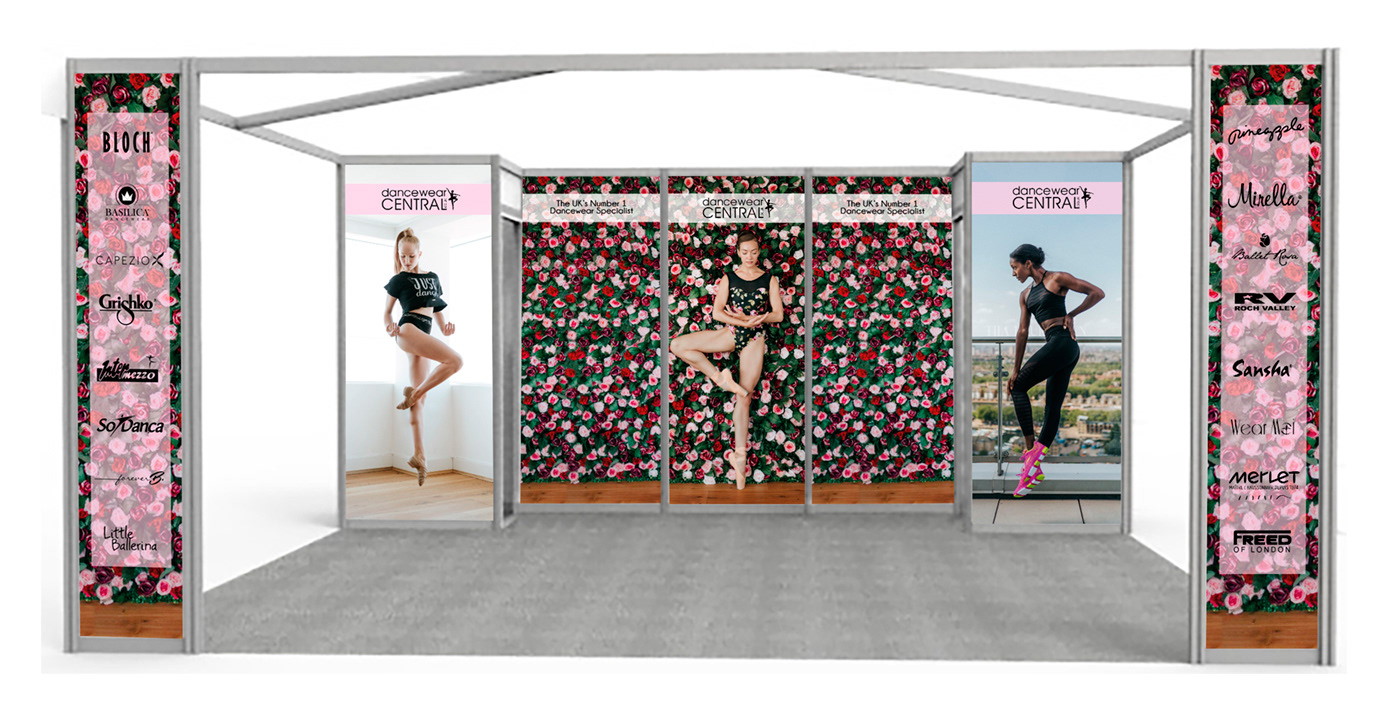 Lindsey ahmet graphic designer - exhibition stand artwork design and Shell scheme stand artwork for dancewear centrals attendance at the can you dance convention 2018