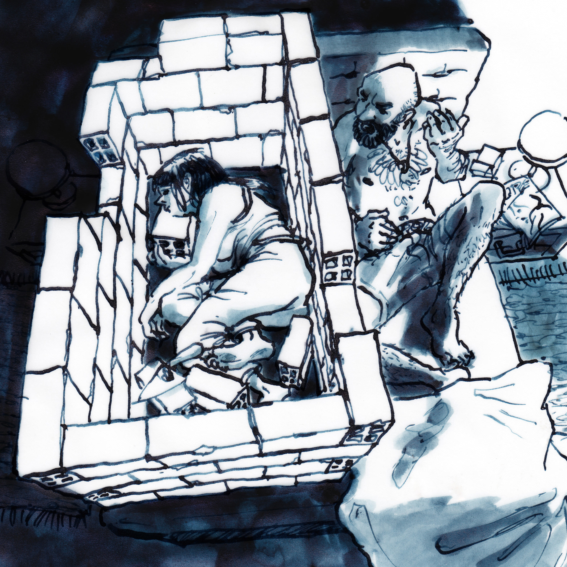 Frau hat sich neben Mann im Ehebett eingemauert. Illustration in Tusche.