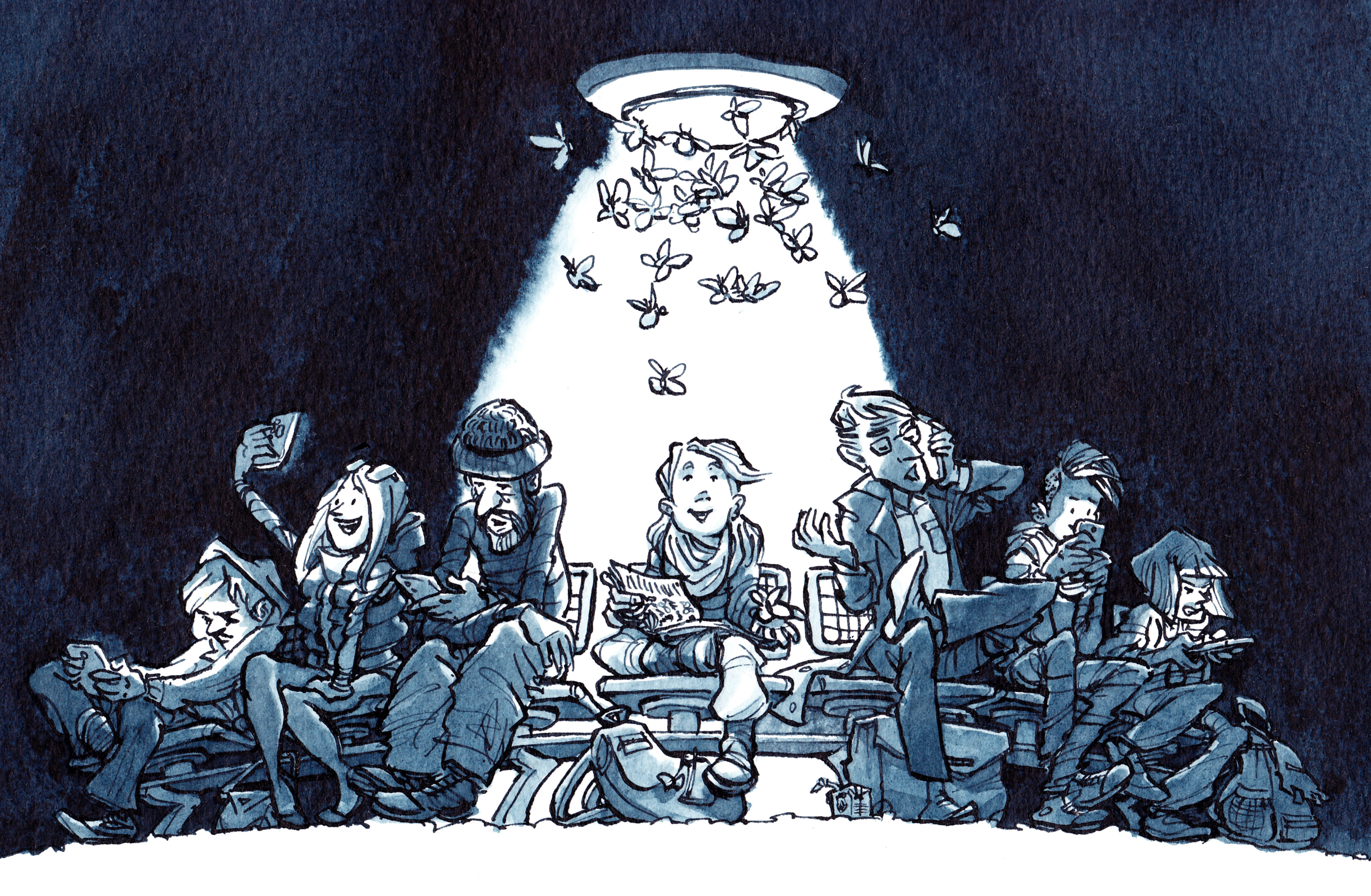 Kind bewundert Schmetterlinge im Lampenlicht. Um sie herum bemerkt keiner etwas davon, weil jeder auf sein Smartphone fixiert ist. Illustration in Tusche.