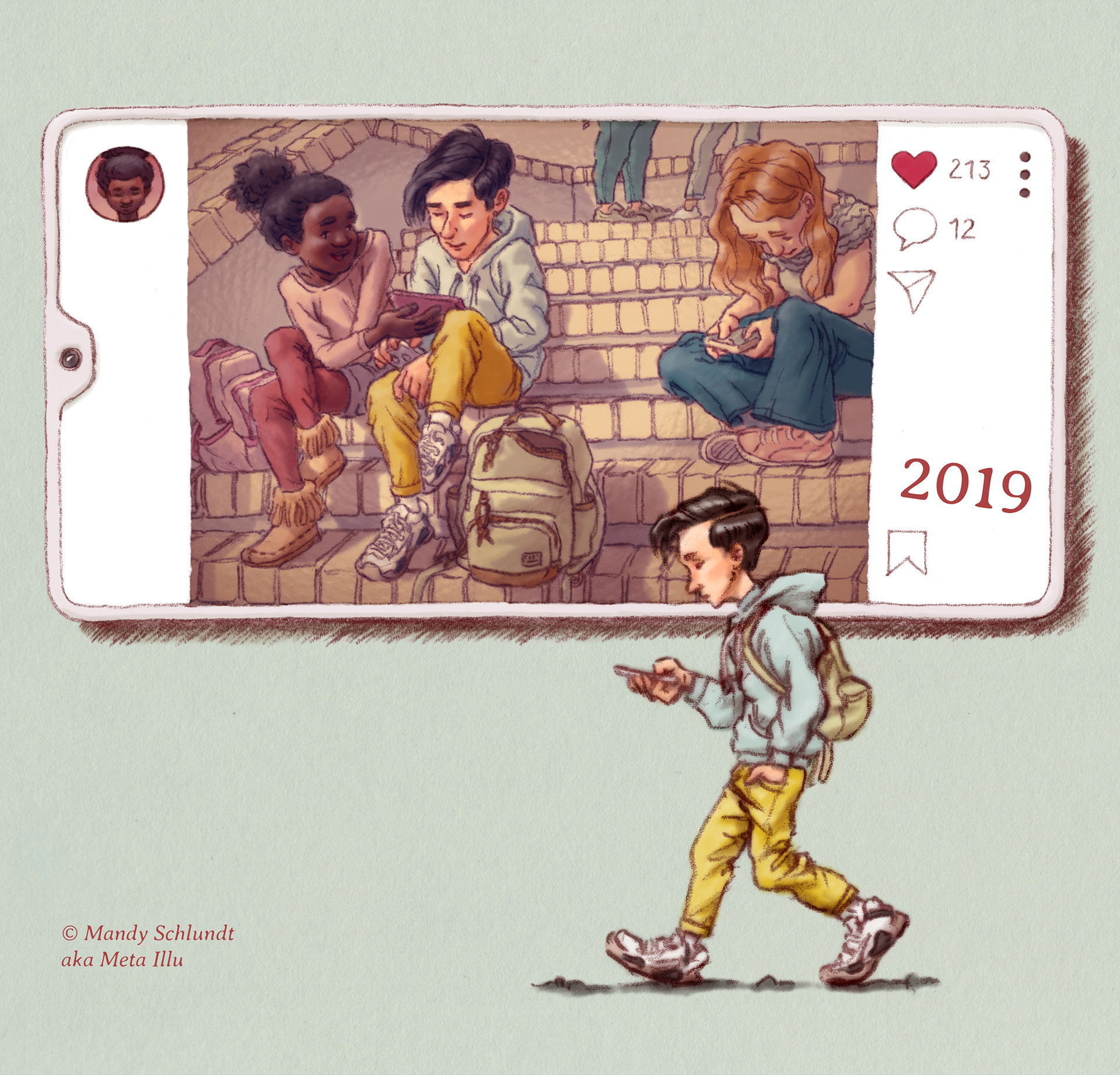 Im Jahr 2019: Foto auf dem Smatphone zeigt Kinder auf einer Treppe mit Handys. Junge läuft mit Smartphone in der Hand.