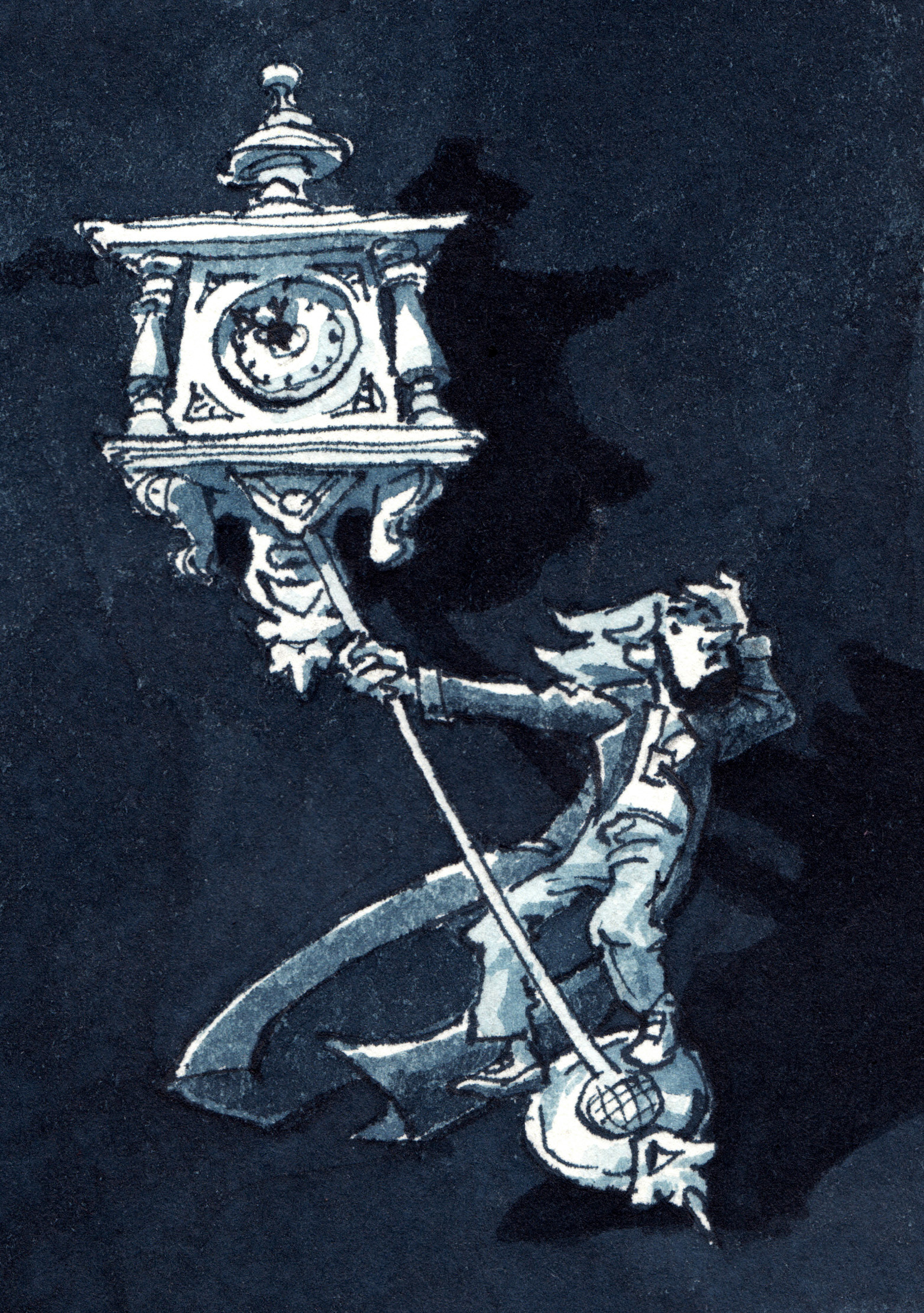 Mann schwingt an Uhrpendel. Illustration in Tusche.