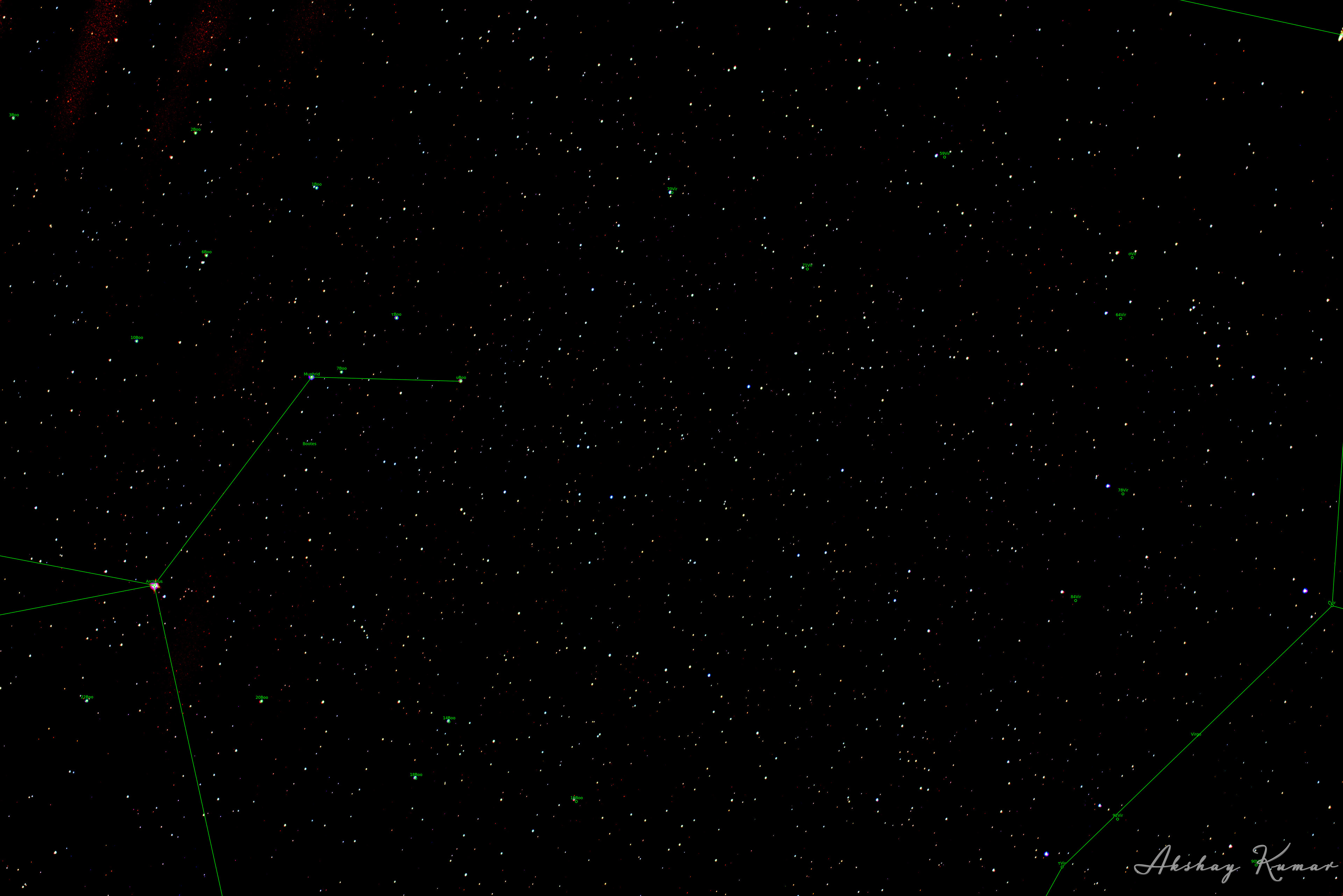 Parts of constellations Virgo and Bootes in the night sky. Brightest stars in the frame are 78Vir, 70Vir, 20Boo, σVir, τBoo, τVir, υBoo, ζVir, Muphrid (ηBoo) and Arcturus (αBoo)