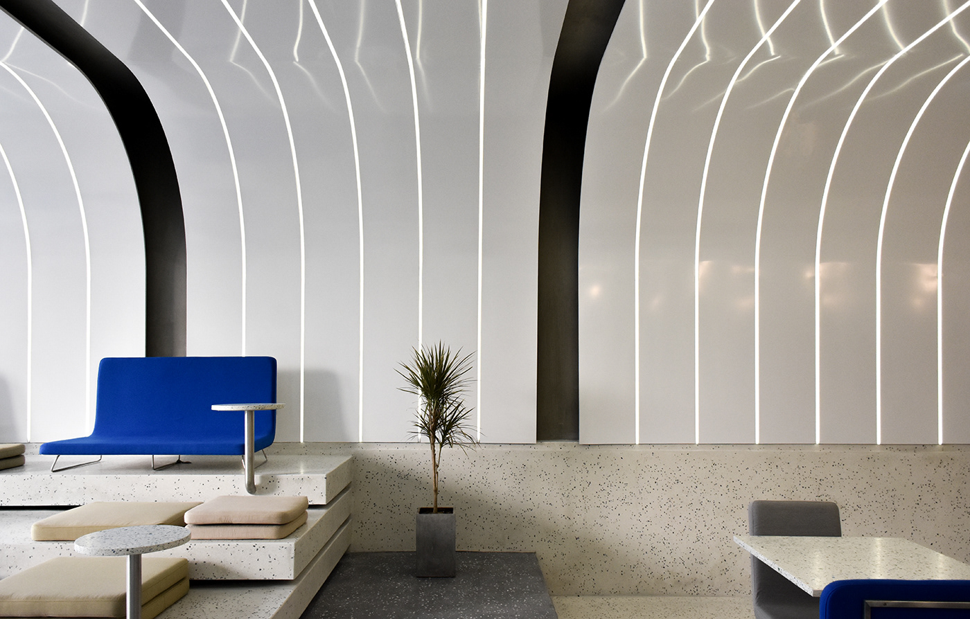 green option, seating, ramoprimo, interior design, metal ceiling, terrazzo, bar area, food court, metal, lighting, 设计, 建筑, 天花板, 金属,