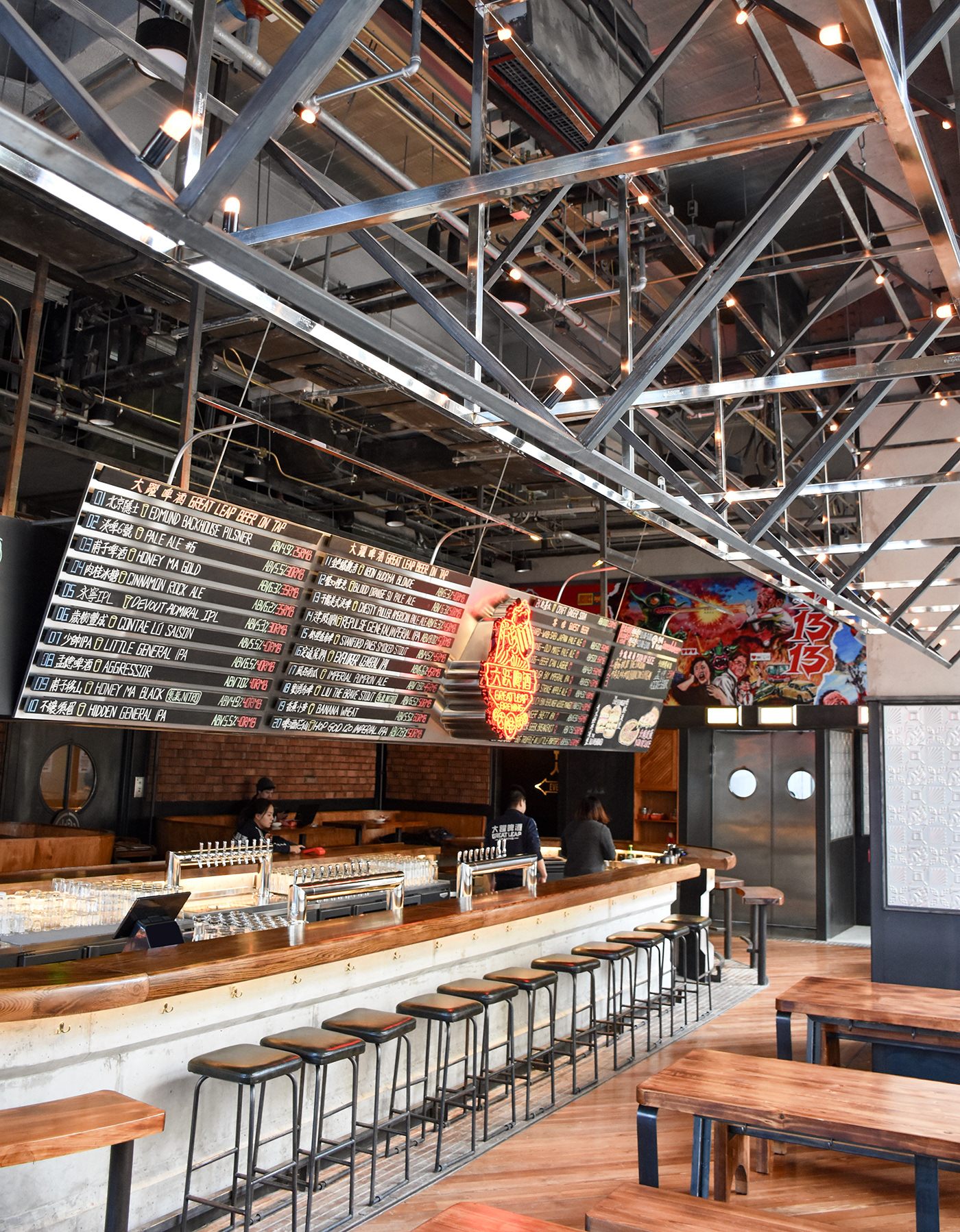 stools, bar, tap room, wood, benches, metal ceiling, light, ramoprimo, interior design,
