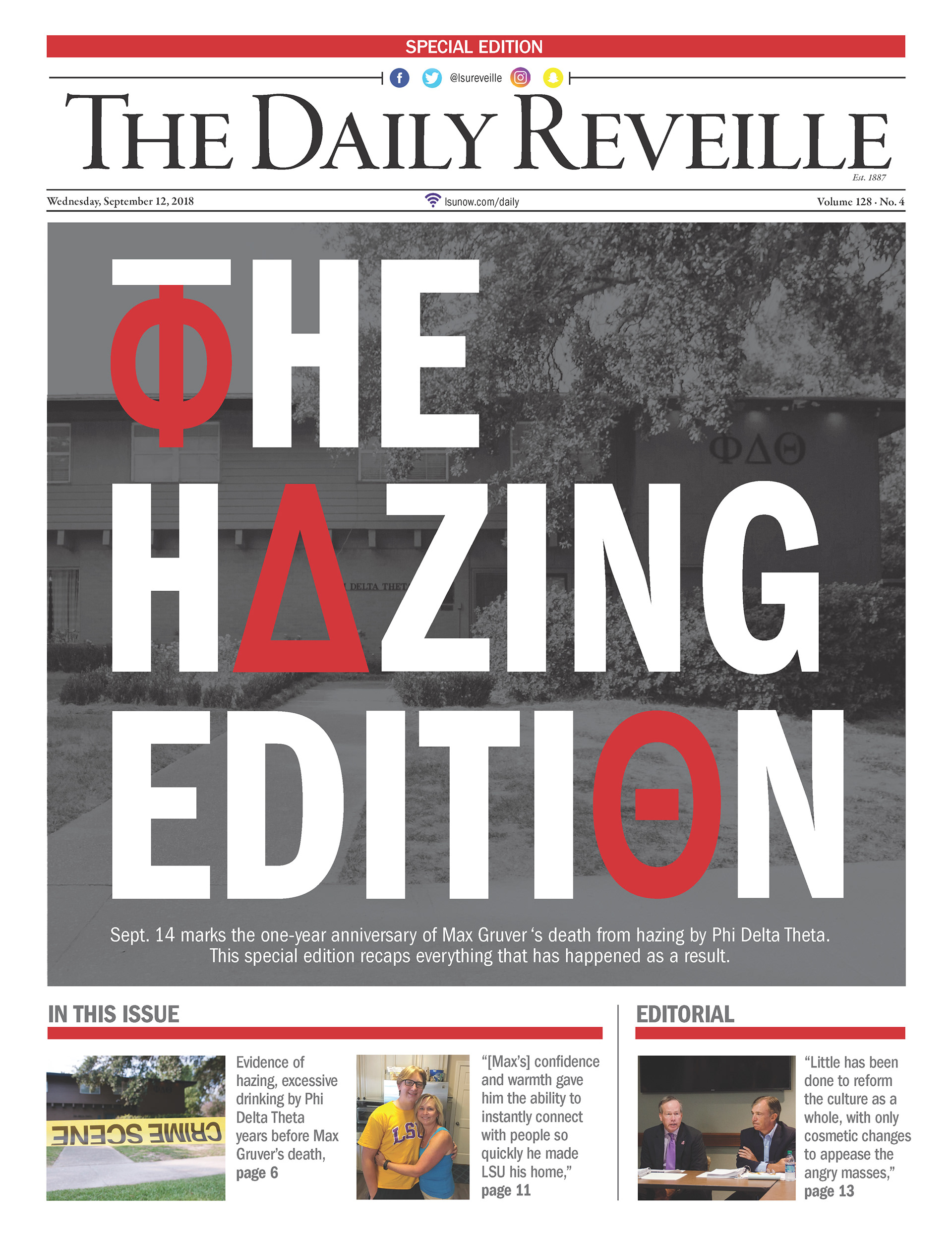 Front-page design for The Daily Reveille. Won first place in Associated Press Media Editors College Contest and finalist for College Media Association Pinnacle Award.