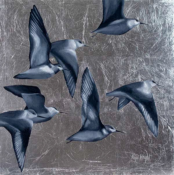 "Dunlins Flight" / Oil and Silver Leaf on Board / 16" x 16" / Available at Empty Wall Gallery