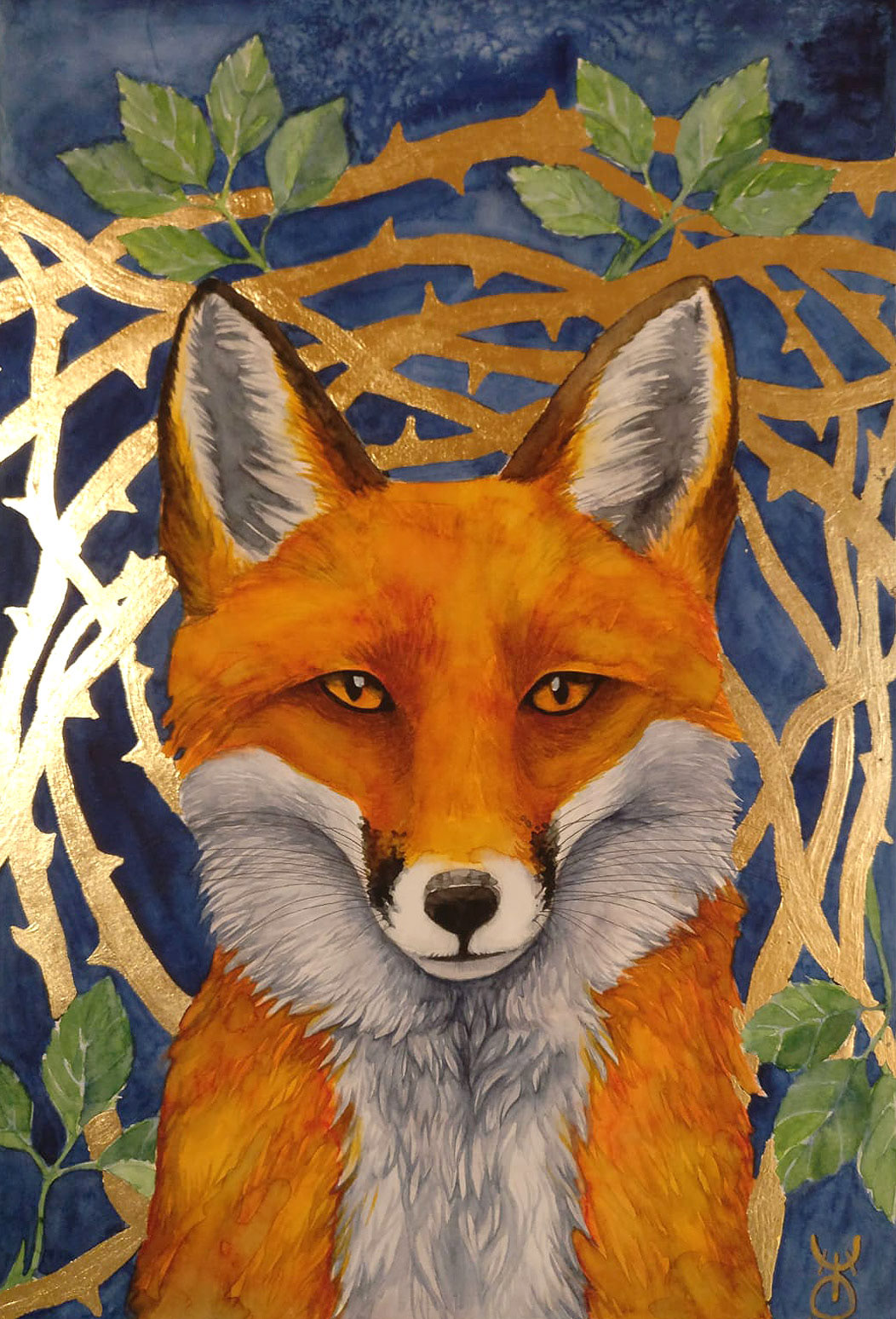 Fox with brambles - watercolour and gilding (Sold)