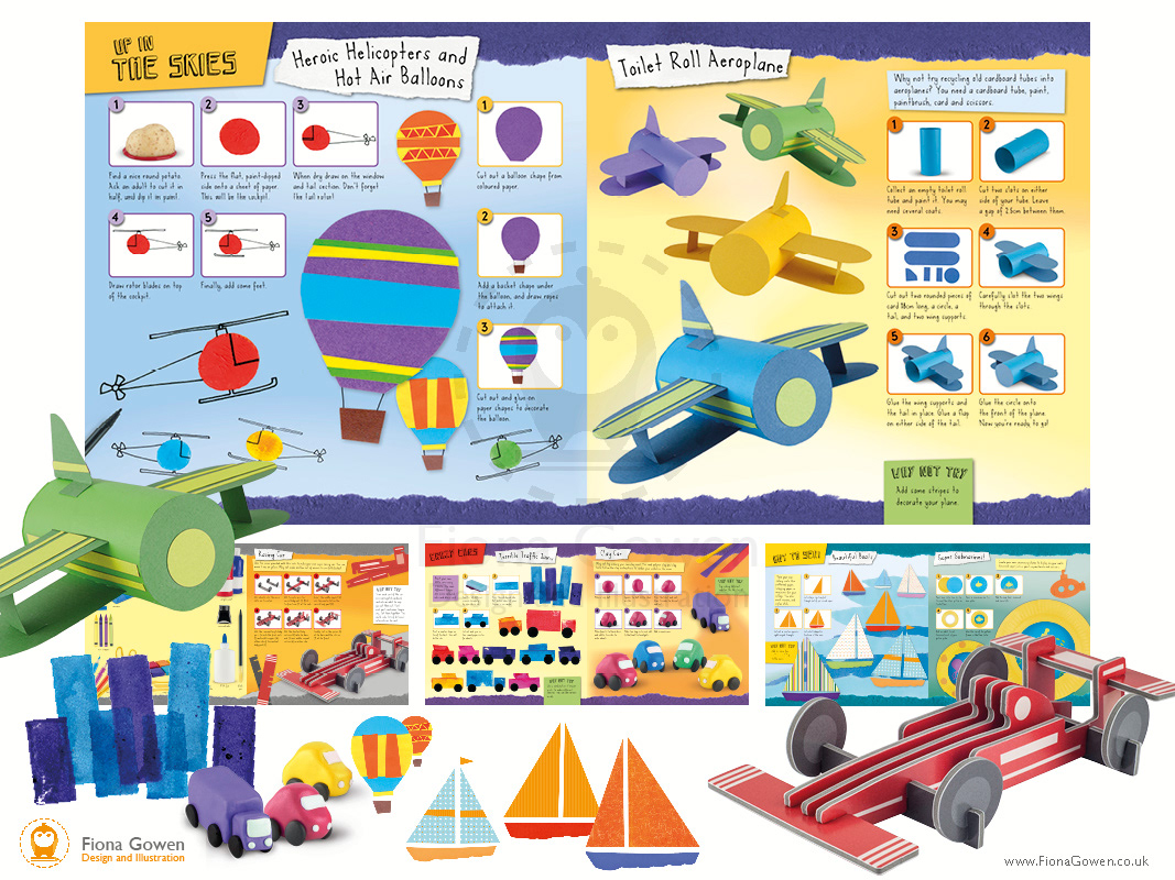 Mini Craft book interior spreads designed and illustrated by Fiona Gowen. Featuring toilet roll aeroplanes collage boats and eva slot together racing car.