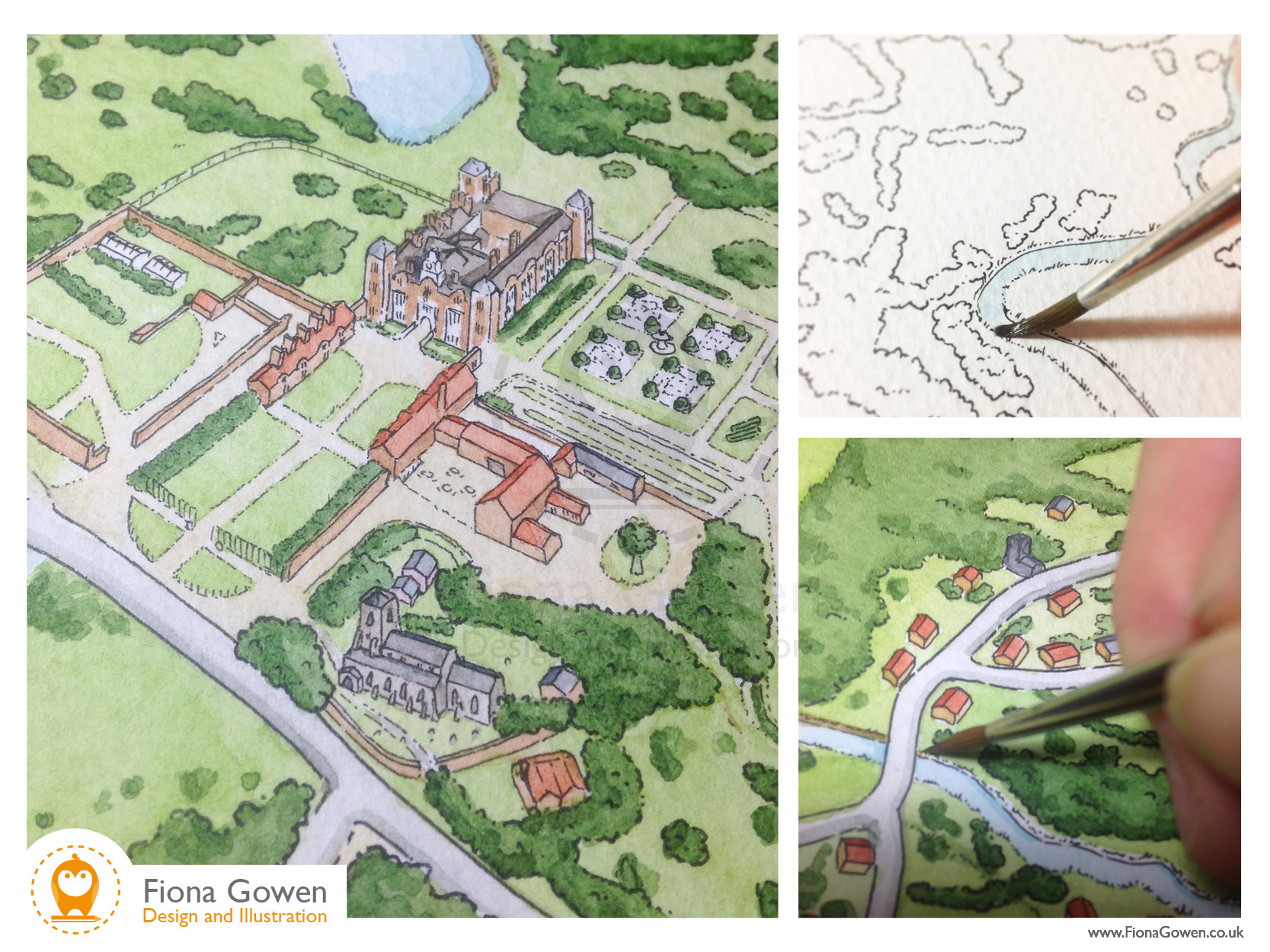 Three images of Blickling Hall visitor map illustration being painted in watercolours by Fiona Gowen