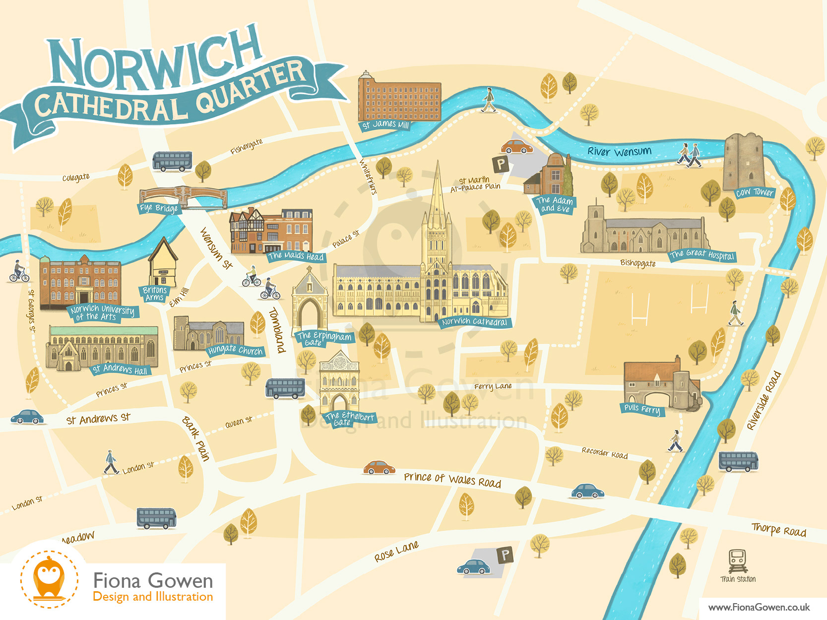 Illustrated map of Norwich Cathedral Quarter Norfolk, showing key buildings such as norwich Cathedral, St Andrews Hall, Pulls Ferry and the Adam and Eve Pub by map illustrator Fiona Gowen