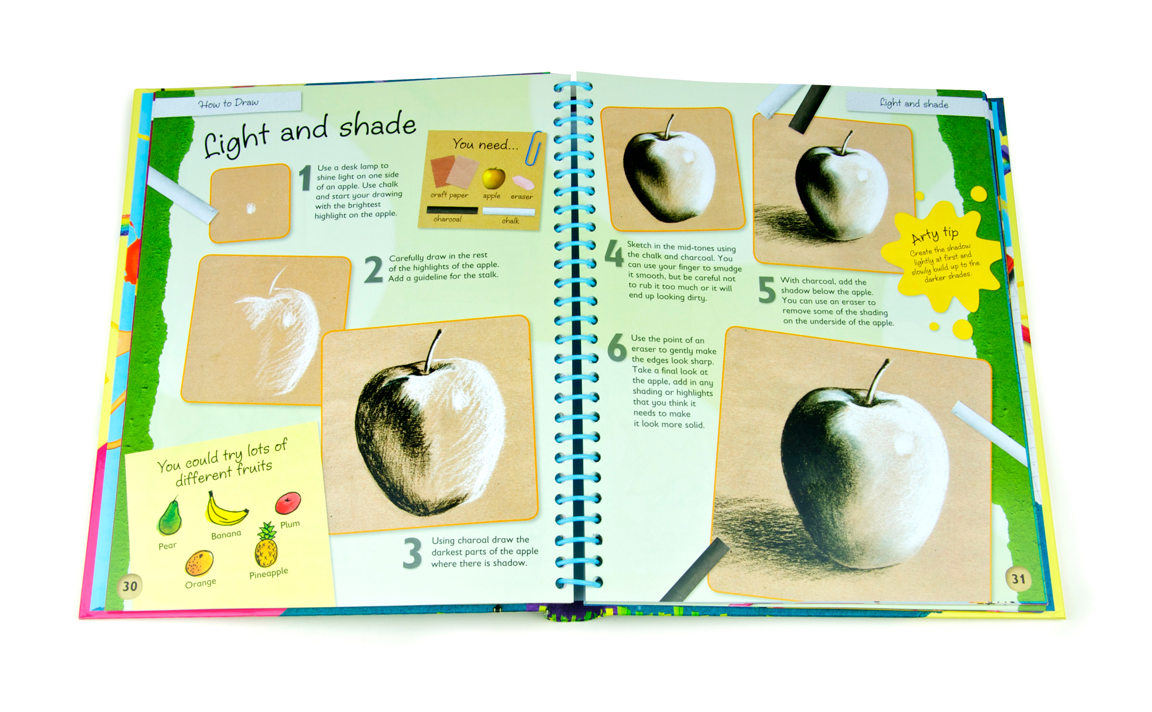 Interior spread from Childrens art and craft book 'How to draw' published by Igloo books and designed and illustrated by Fiona Gowen. This page features a simple light and shade chalk and charcoal drawing of an apple