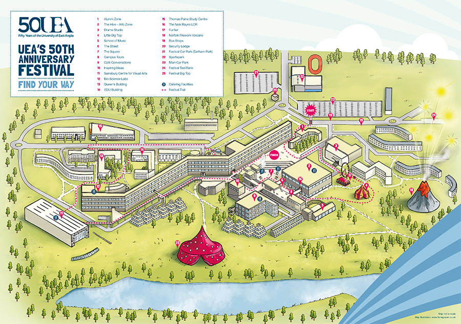 Illustrated visitor map of UEA University of East Anglia Norwich by Norfolk illustrator Fiona Gowen. Digital illustrated map