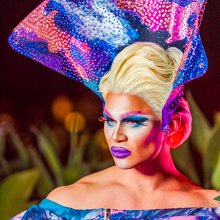 Anita Werkout during her video performance, raising funds for Beyond Blue Australia. Headpiece designed and styled by Thy Kingdom Come to the Matisse-inspired Miami Sunset theme. Photo by Markham Lane, on location.