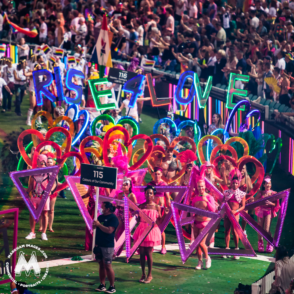 Colours of Our Community float in the 2021 Sydney Mardi Gras Parade as they rise for love. Photo by Markham Lane