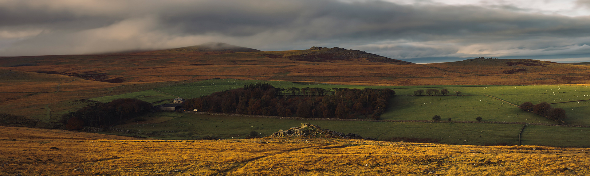 Autumn sunrise and storms over Okehampton and Belstone Common