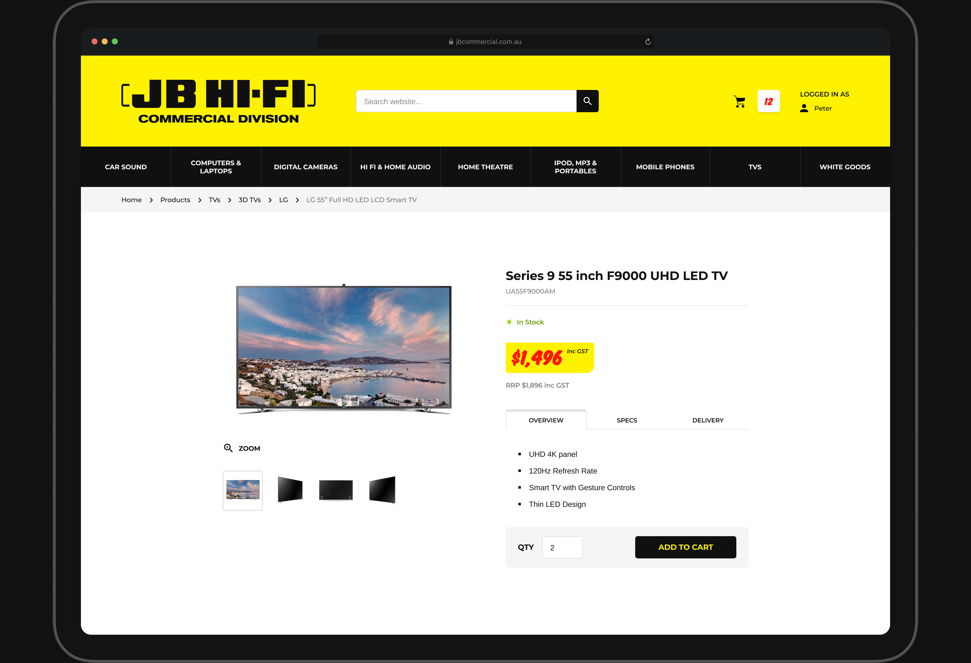 JB Hi-Fi Commercial website product page in browser mockup.