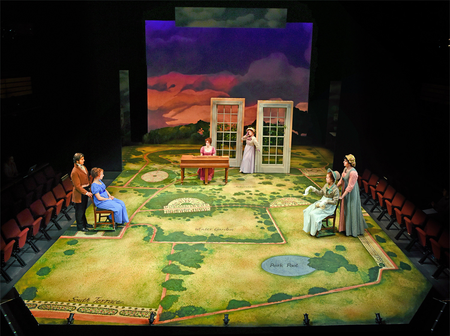 Scenic Paint for Sense and Sensibility at University of Michigan. Charged the flower patches on the deck.