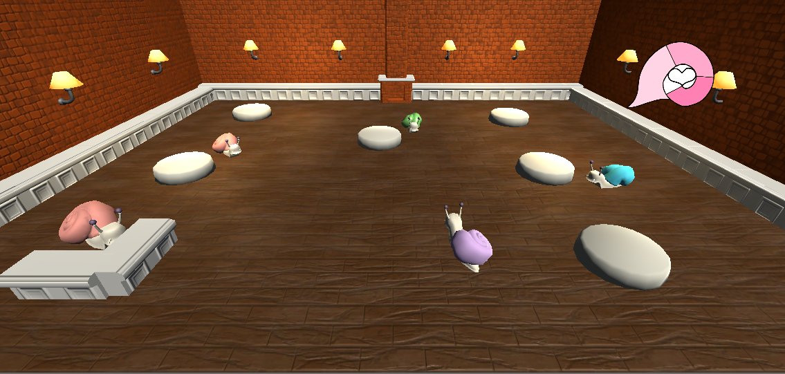 Screenshot of various snails waiting at tables inside a cafe, while the player snail looks on.