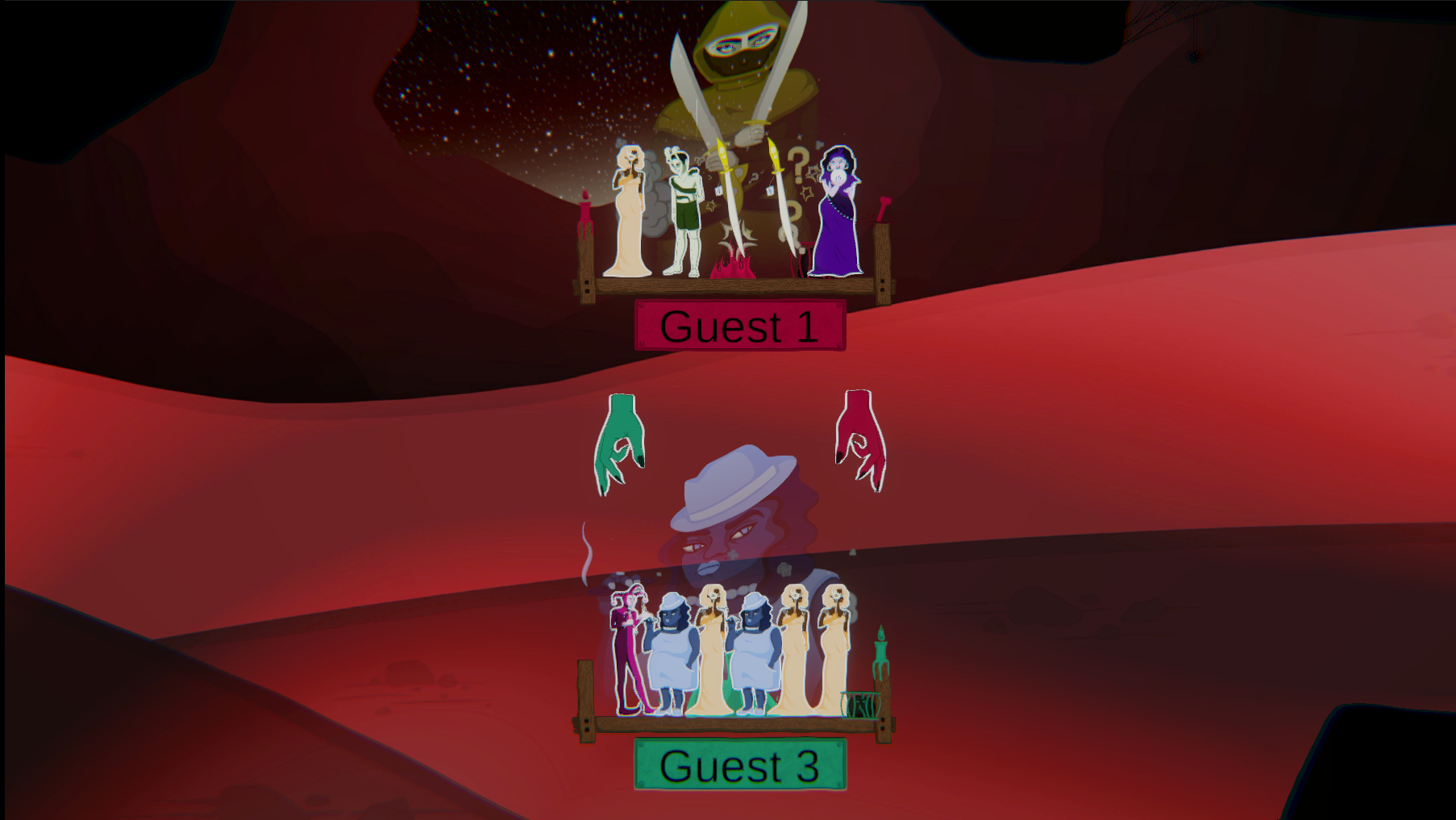 Two players display their cards and have different effects active, Guest 1's assassin hides two cards, while Guest 3's Mafiosa allows to carry an additional card