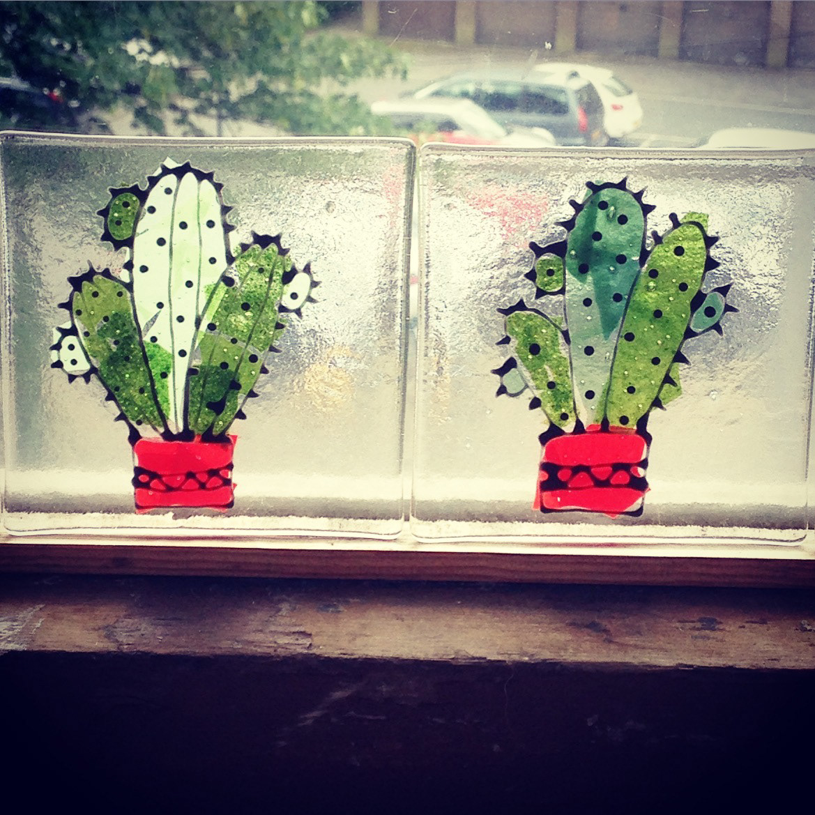 Stained Glass and Fused Glass set of plants. Cactus. Hot glass. Glass paint, Glass confetti. Made at The Glass Garden