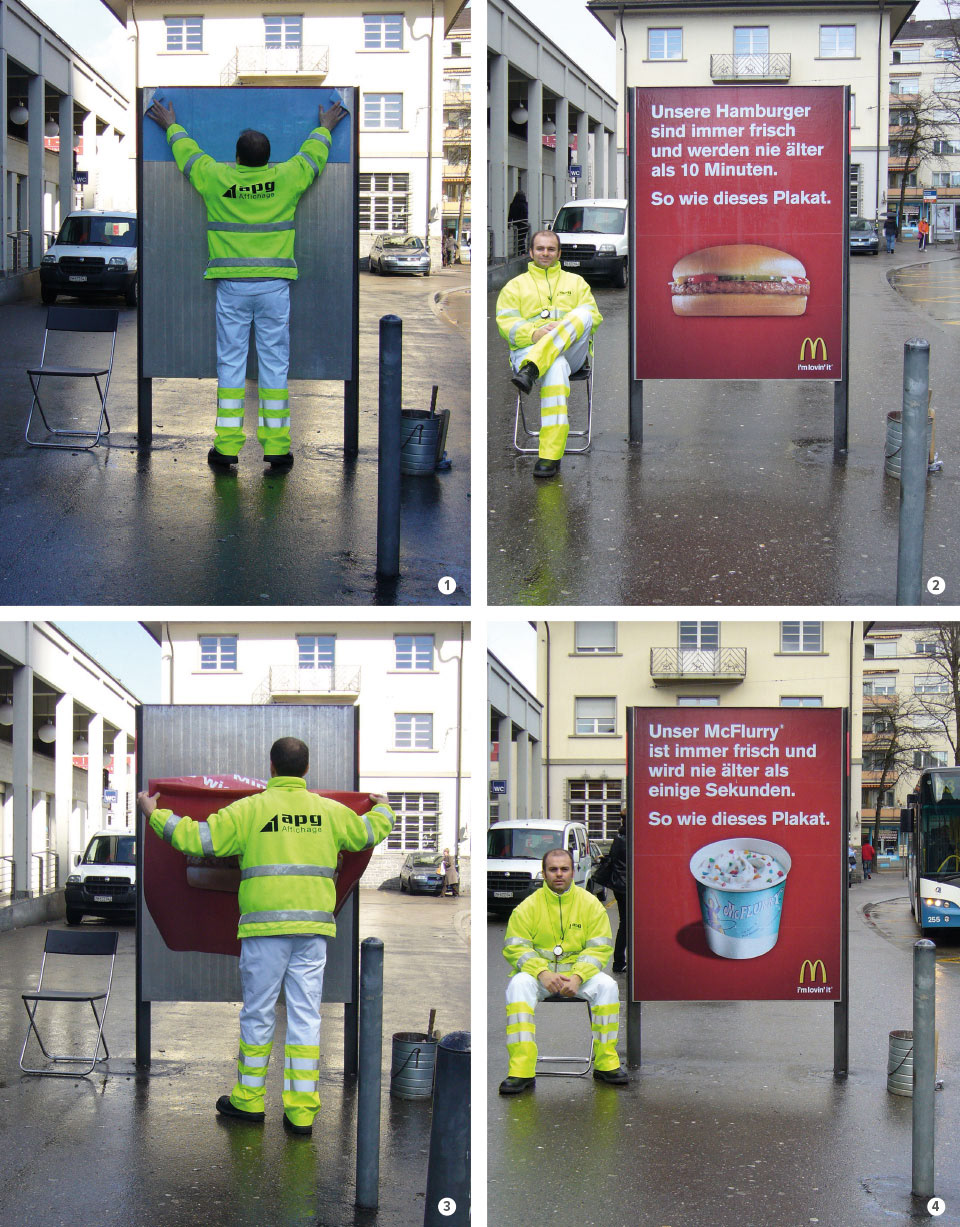 McDonald's Frischeplakate aufgeklebt