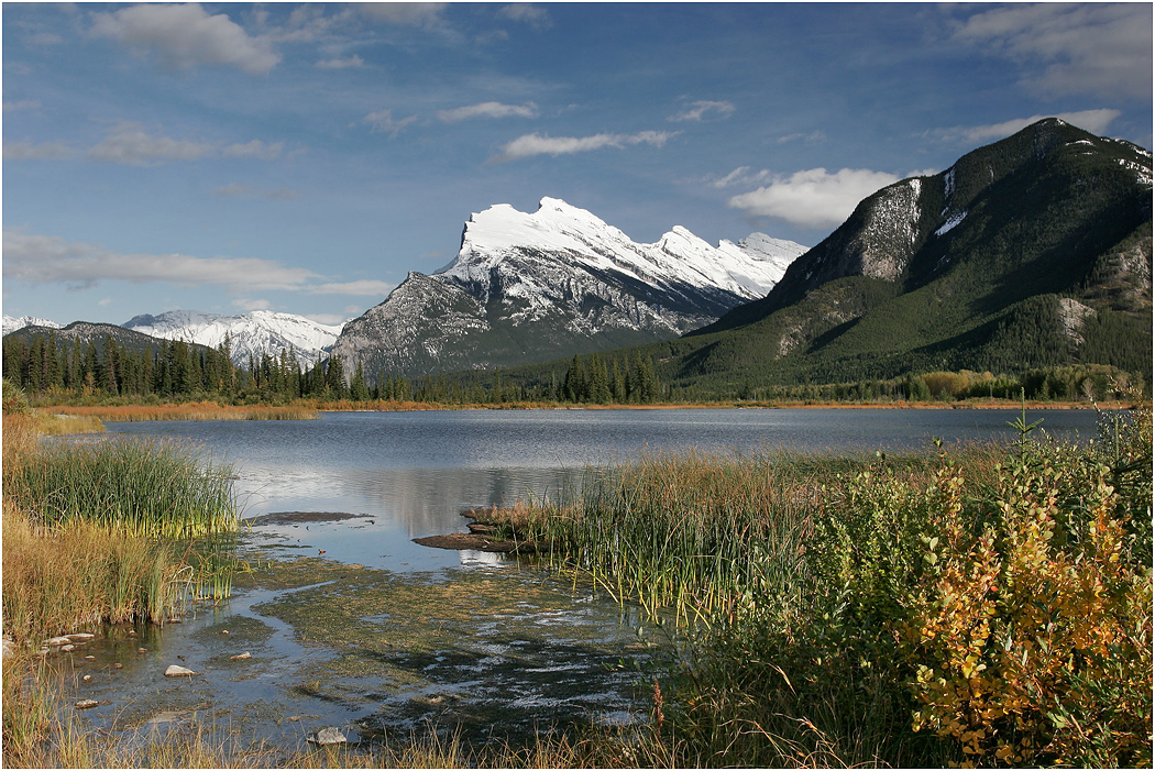 Snow capped Mt. Rundle from Vermillion Lake, Banff