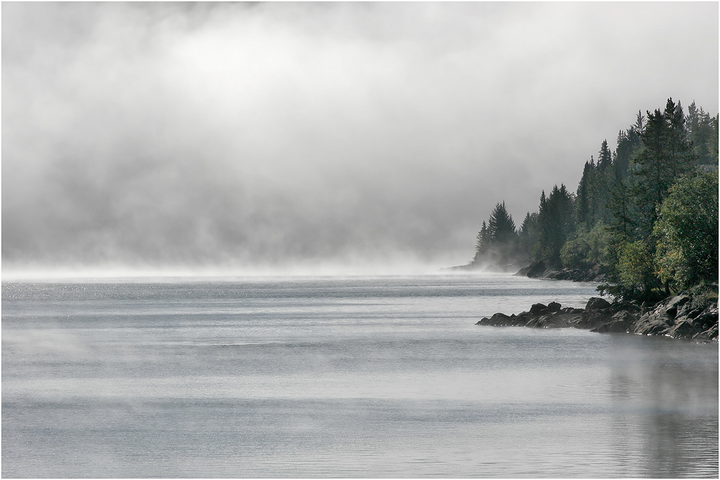 Mist over Lake Minnewanka, Banff, Alberta