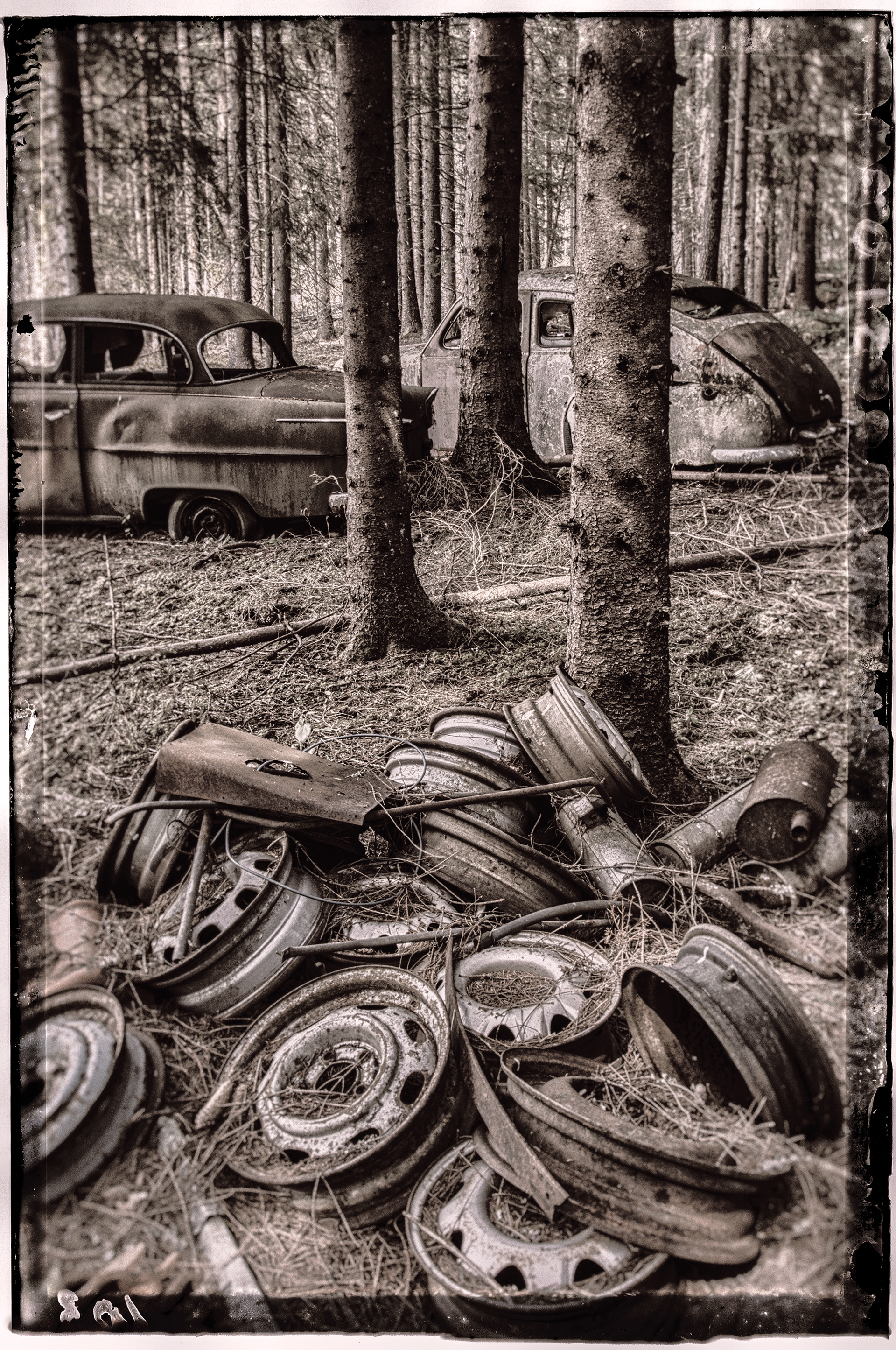 Vintage rusty Volvo PV 544 and old rusty vintage Opel in the woods with discarded tire rims in the foreground. Photographed in black and white with frayed border