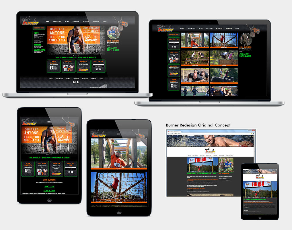 Multiple images of Burner website pages and the initial concept. Each screen focuses on images of the event.