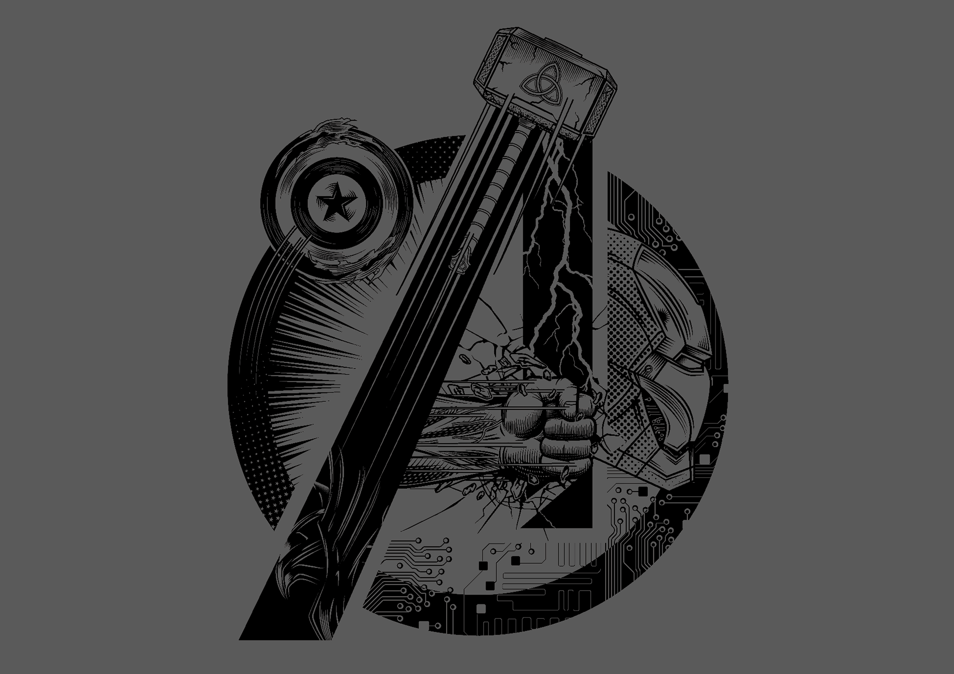 Avengers vector illustration for apparel art commissioned by radio velvet depicting Captain america shield, thor's hammer Mjolnir and Thor's helmet, Hulk's fist, Iron man armor suit and technology