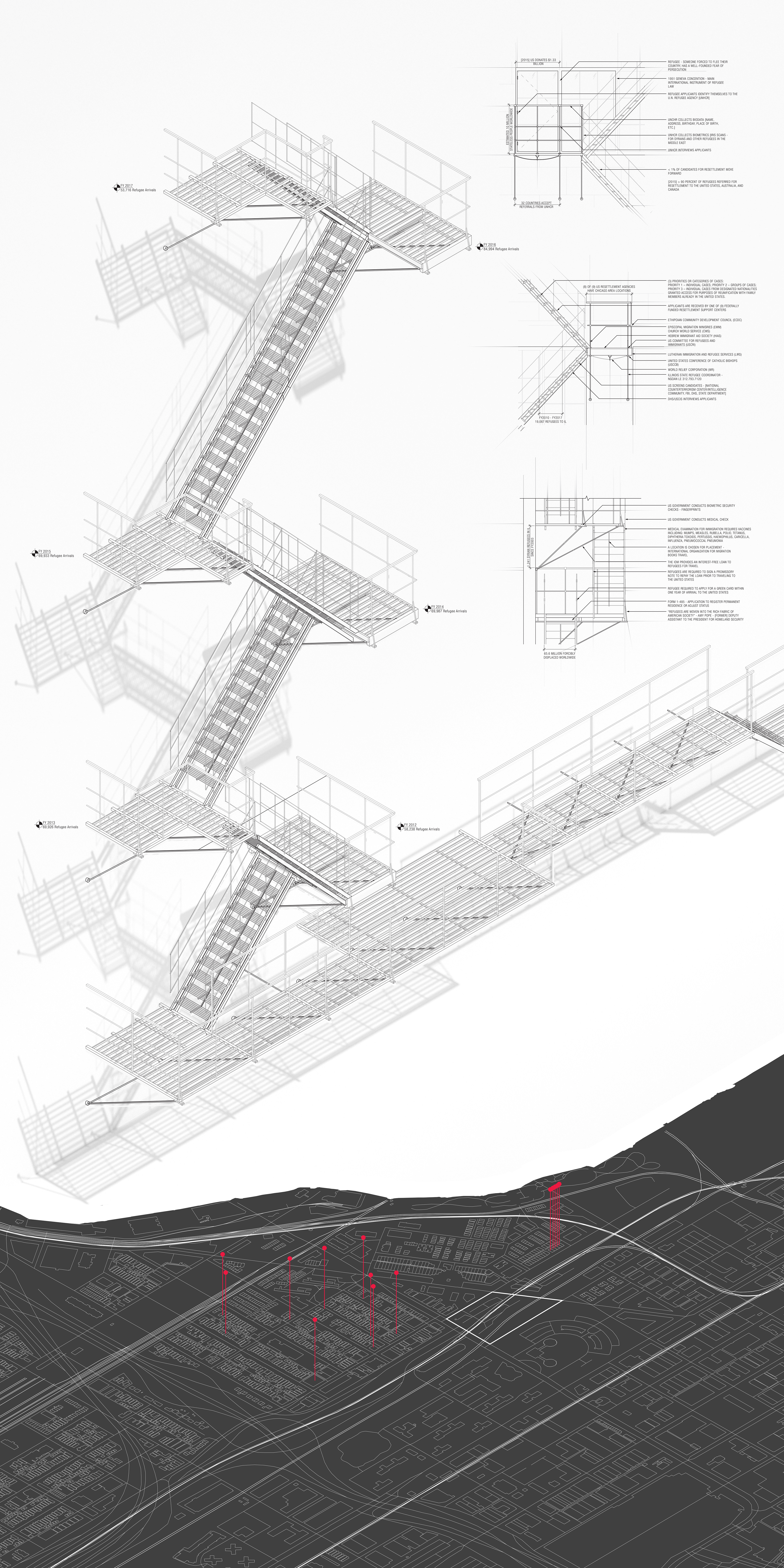 Drawing of fire escape stair with details and text describing the process of becoming a refugee in the United States