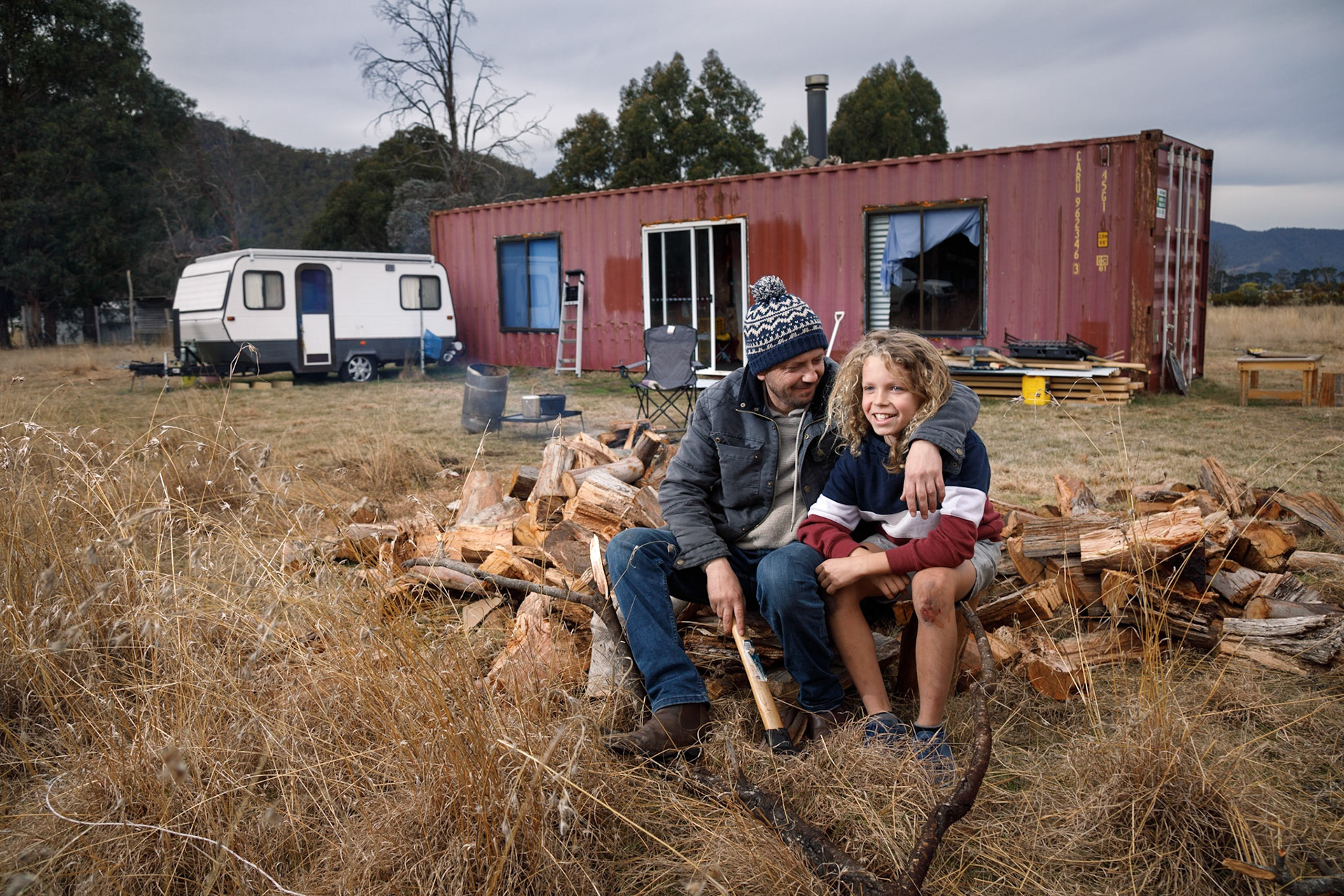 Tasmanian playwright Nathan Maynard who has been awarded the 2019 Balnaves Foundation Aboriginal and Torres Strait Islander Fellowship.Photographed with his son Clay on his block at Mangana in the Fingal Valley, Tasmania .1/9/2019