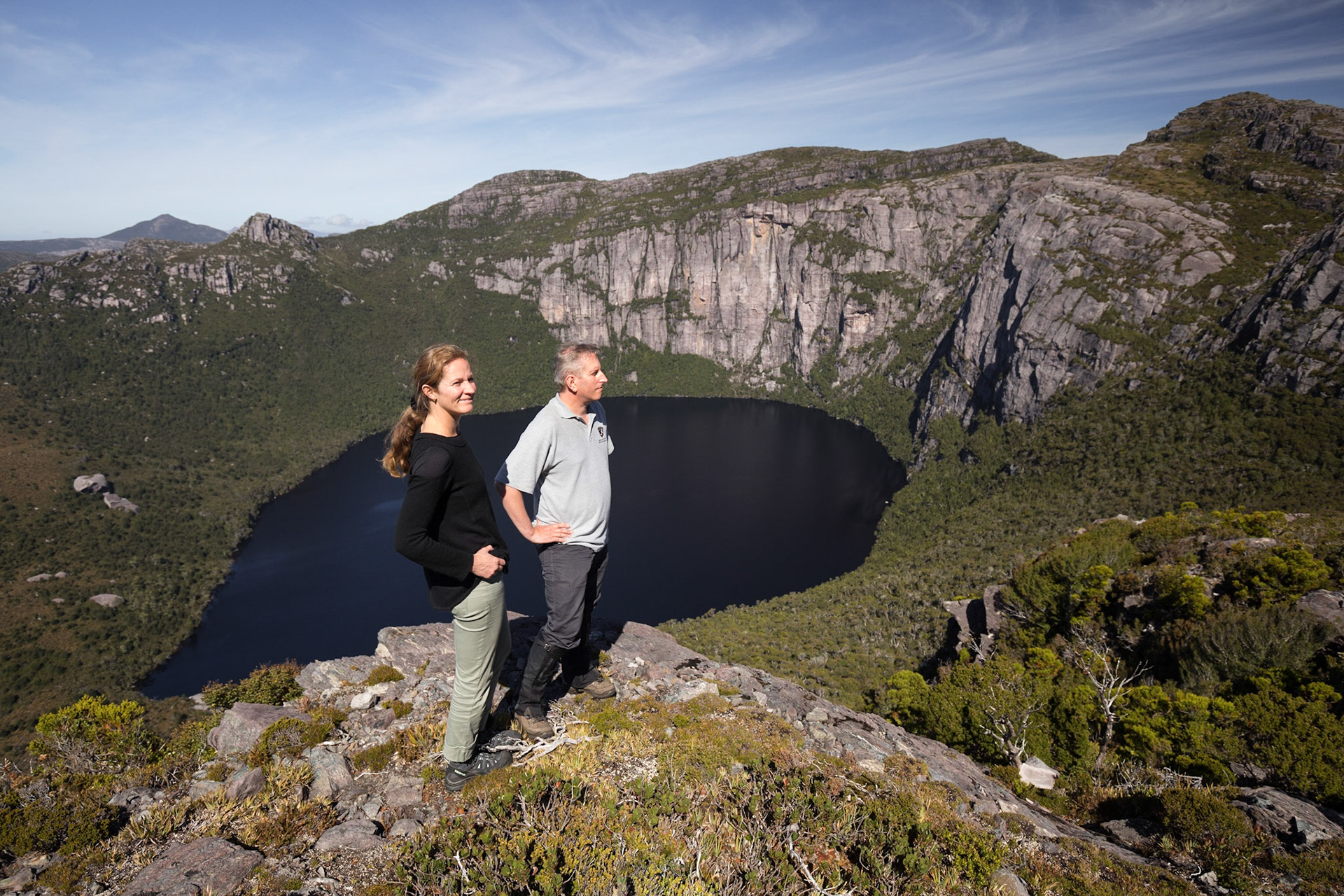Tasmanian Parks and Wildlife "Next Iconic Walk" project manager Andrew Wagg, with project consultant  Ellen Witte at Lake Huntly in the Tyndall Range 17/03/2021