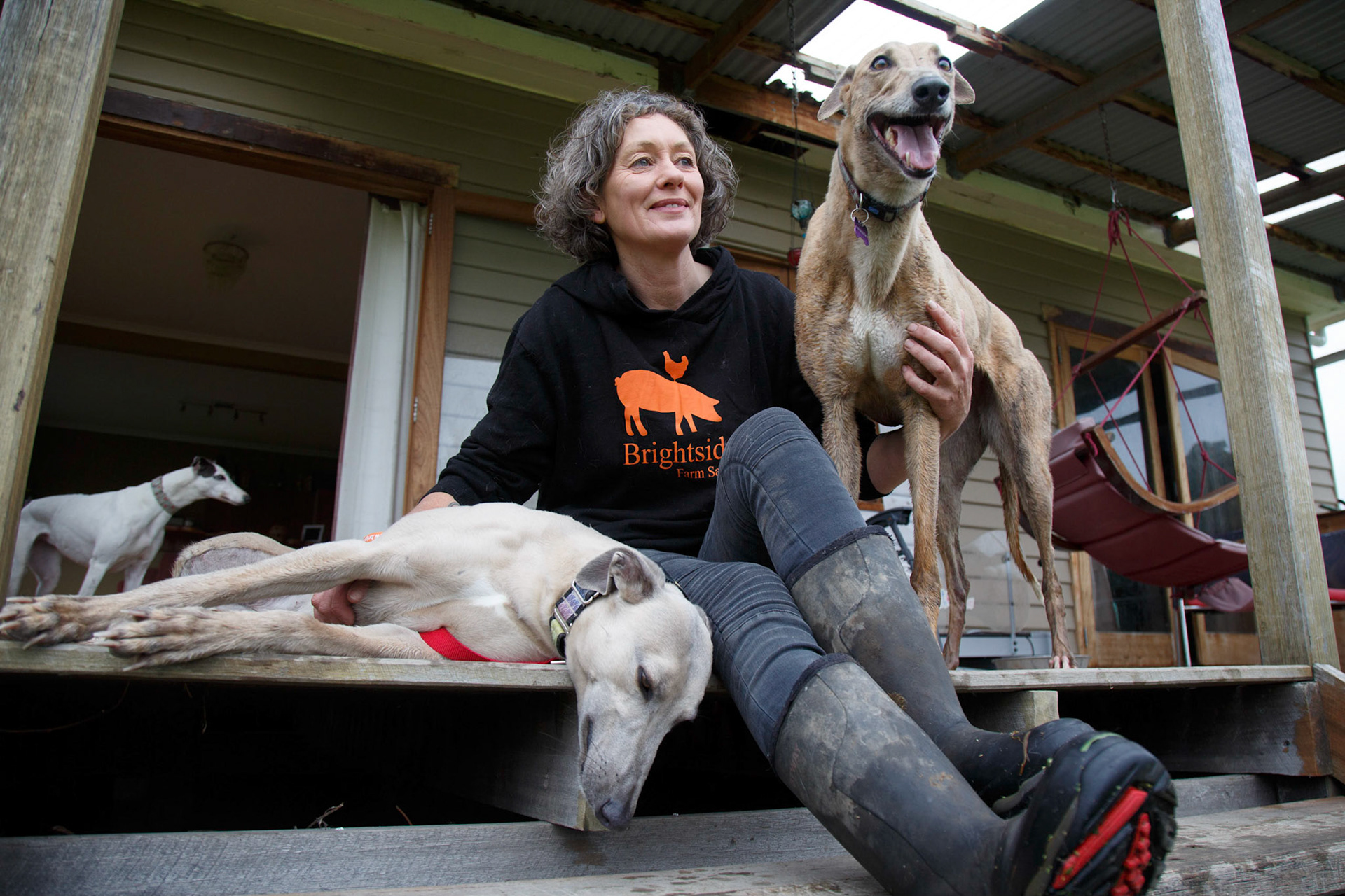 Emma Haswell  of Brightside Farm Sanctuary  with rescued greyhounds.