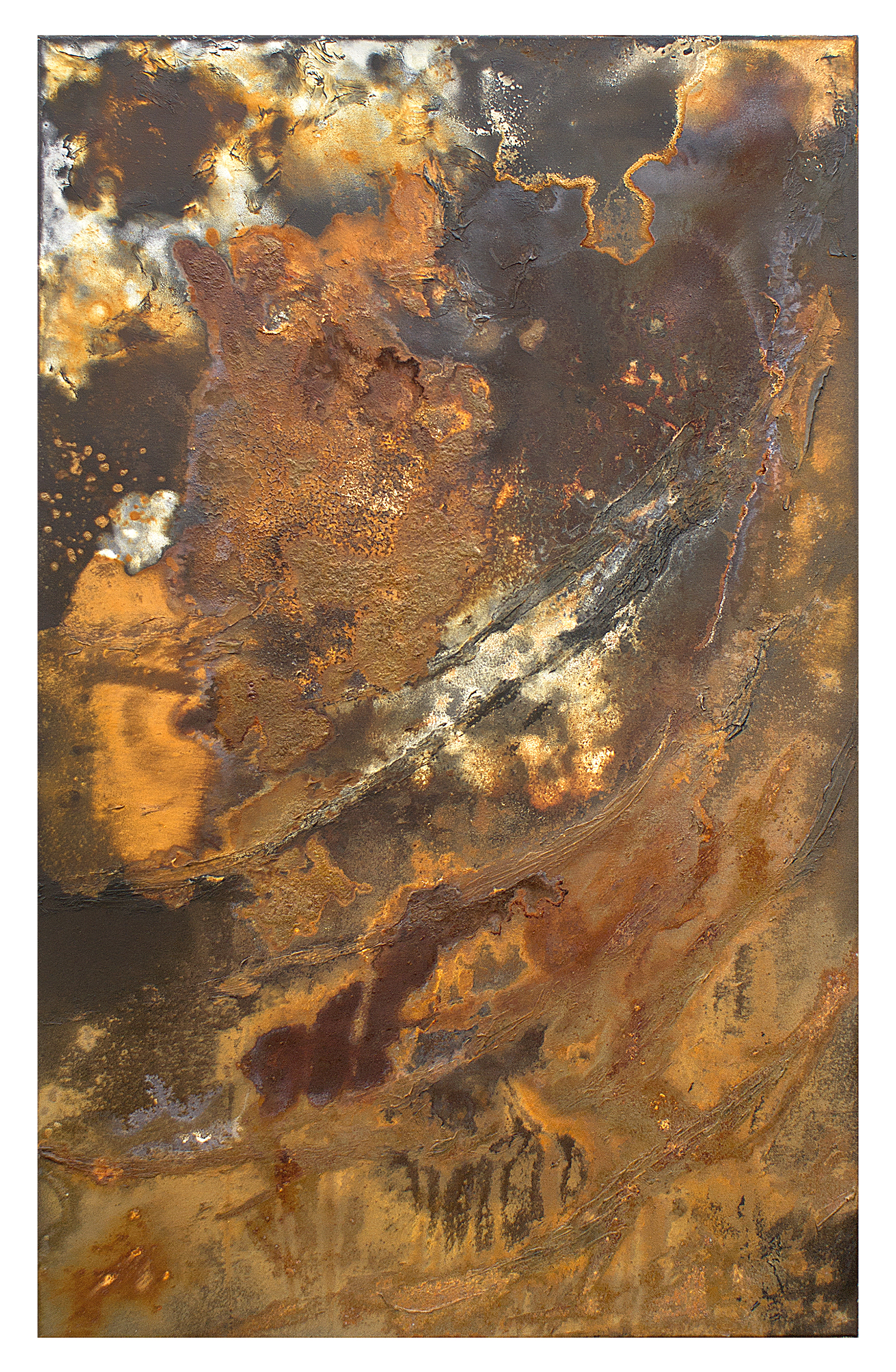 Peace River 3 - 135 x 85cm - 2016 - emulsion paint, plaster of paris, iron, iron oxide, bitumen, acid and synthetic resin on canvas