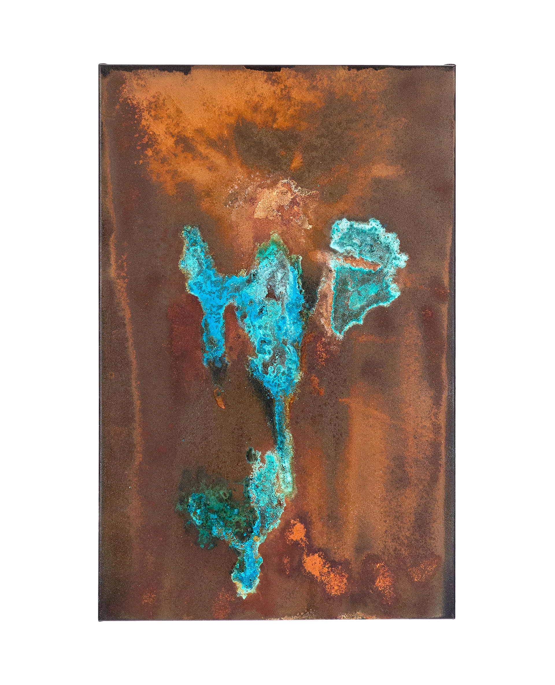 Tailings Pond 1 - 70 x 45cm - 2016 - emulsion paint, iron, iron oxide, acid, copper, ammonia, spray glue, salt and synthetic resin on canvas