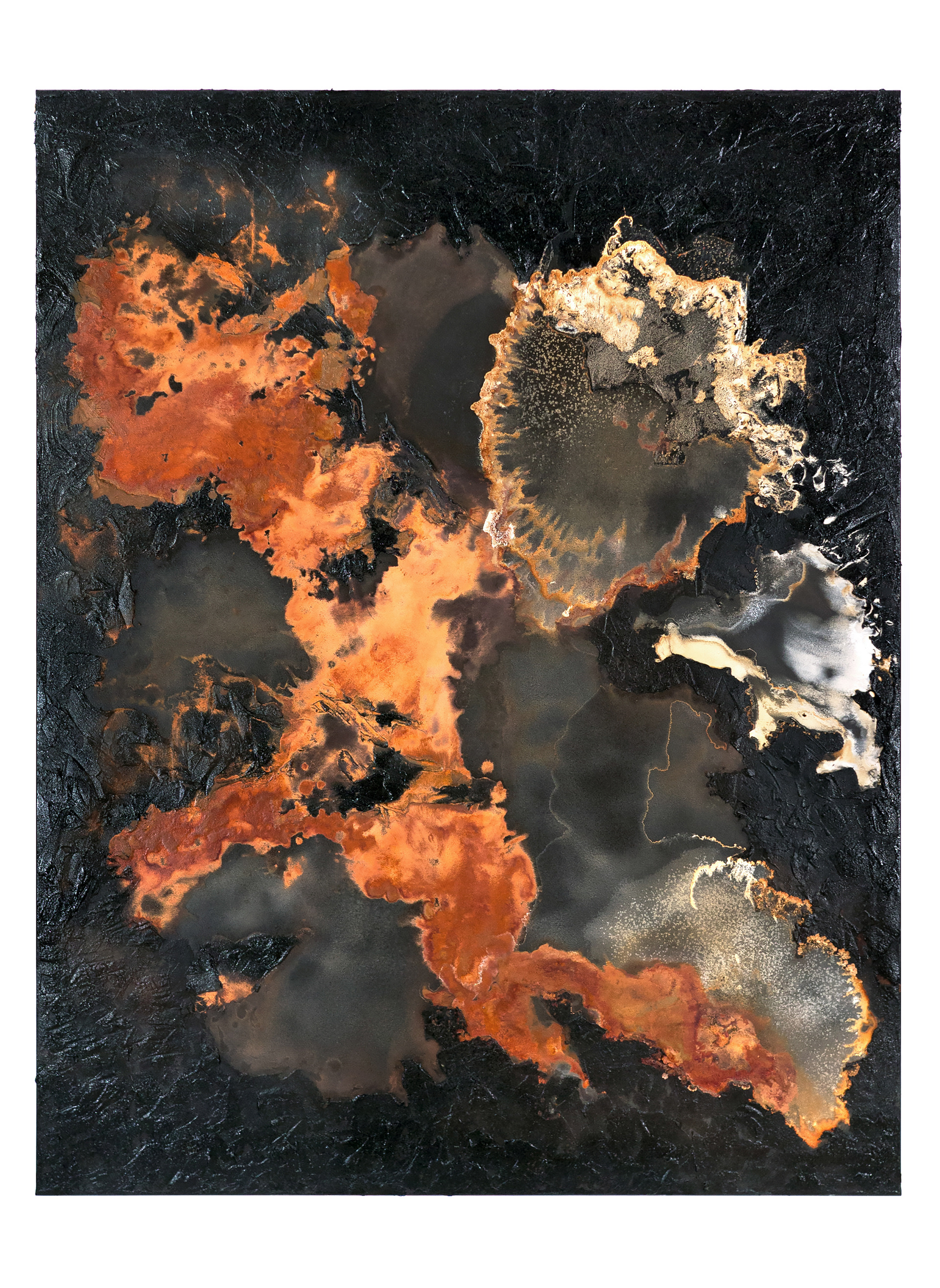 Frontier 2 - 185 x 140cm - 2020 - emulsion paint, bitumen, plaster of Paris, iron, iron oxide, acid and synthetic resin on canvas
