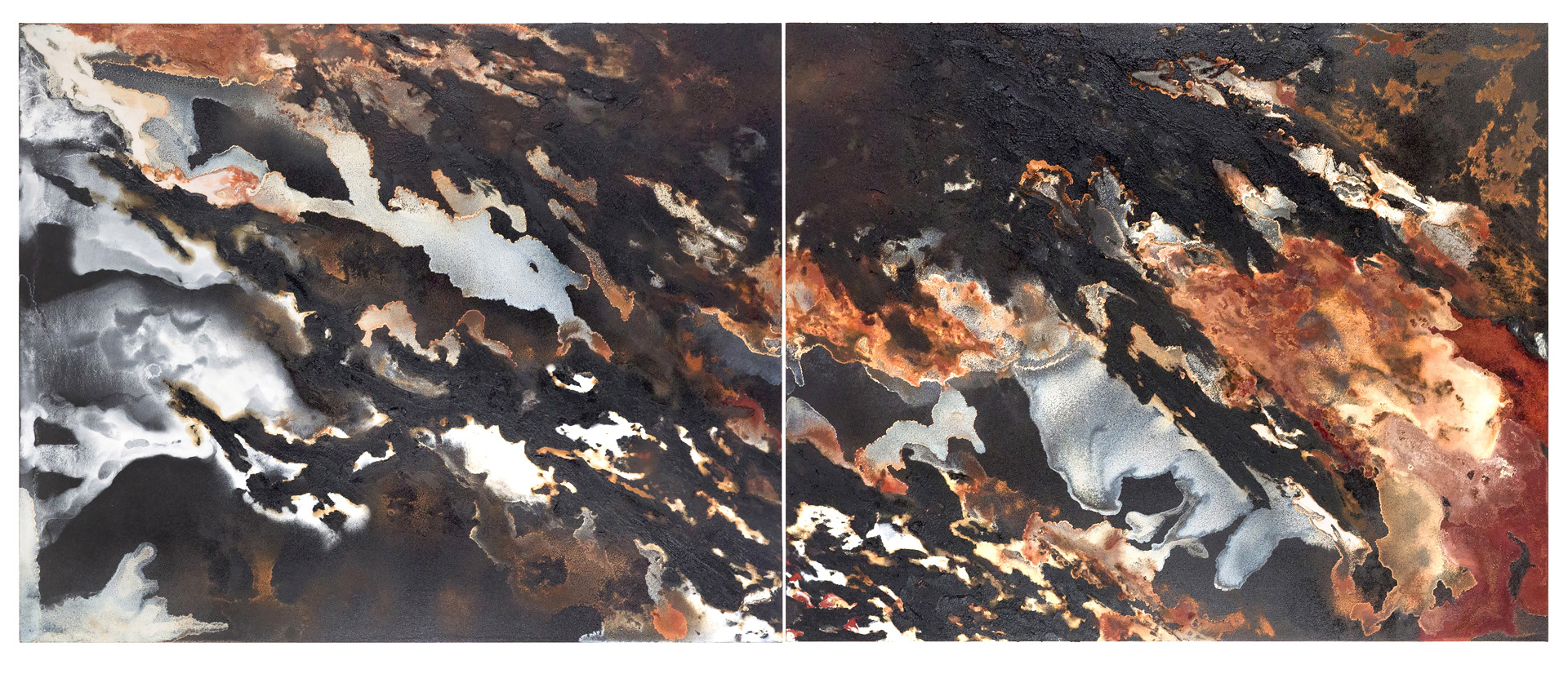 Buffalo Head Hills 2 - 320 x 130cm (diptych, 160 x 130cm each) - 2018 - emulsion paint, bitumen, plaster of Paris, iron, iron oxide, acid and synthetic resin on canvas
