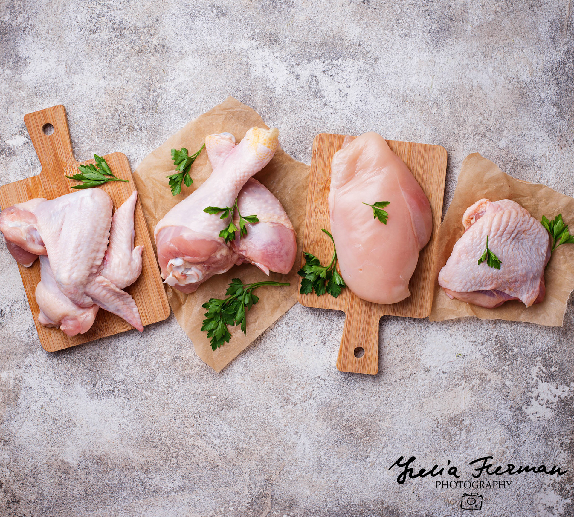 Raw chicken meat fillet, thigh, wings and legs. Top view