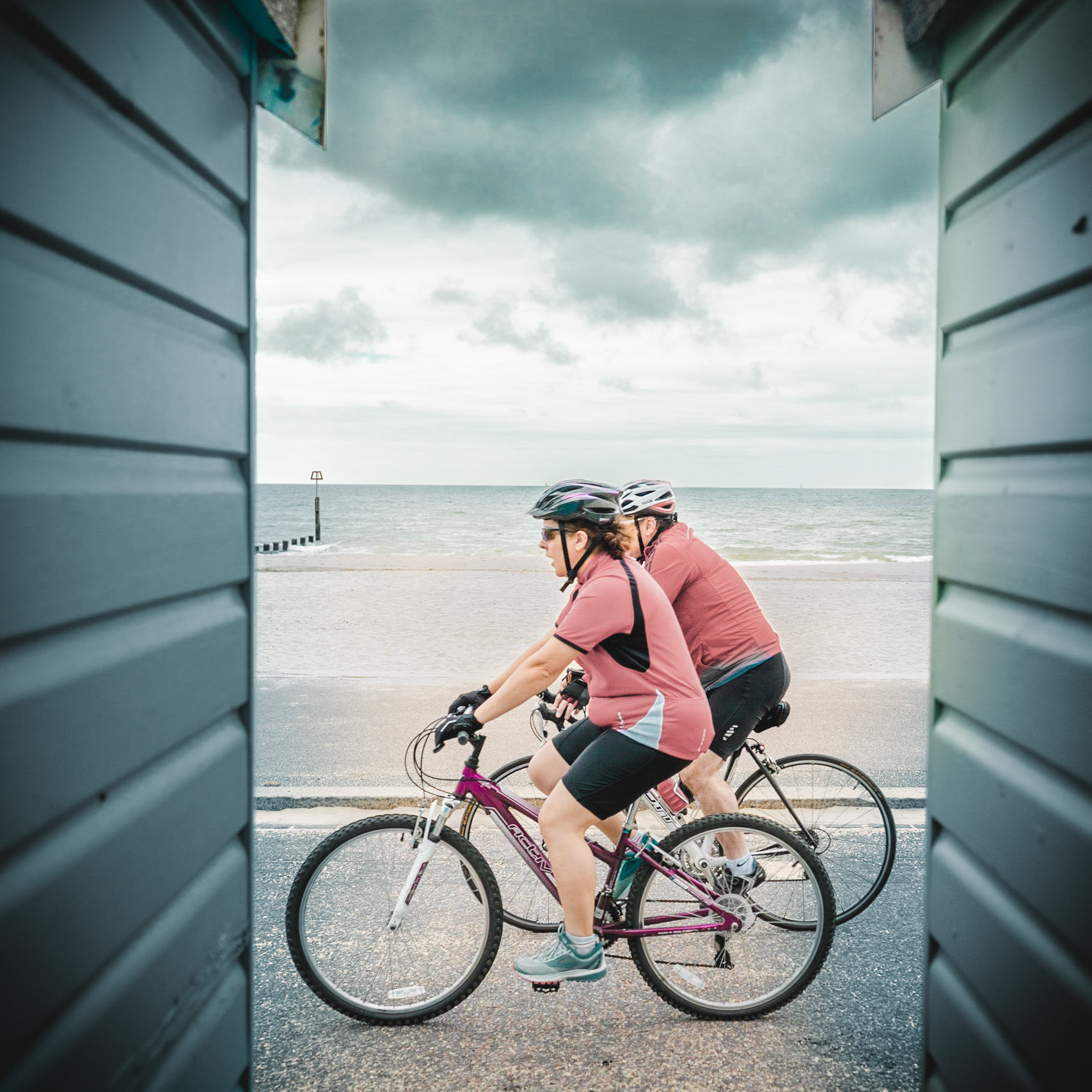 - Beach huts in Bournemouth, England.People were out walking their dogs on the beach and I thought someone might come along to make this an interesting picture. Then these 2 rode by so I clicked the shutter!