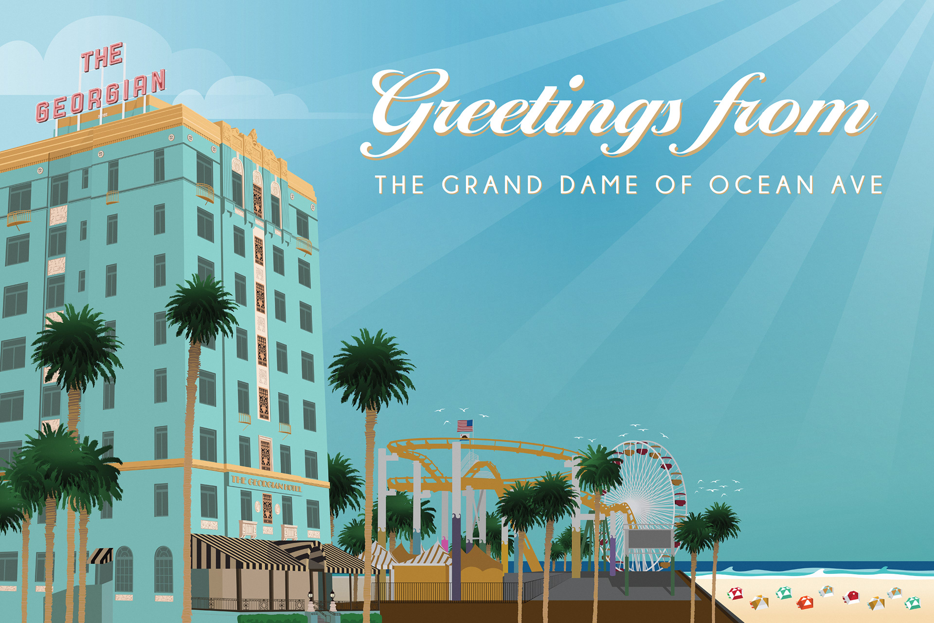 Illustration of the Georgian Hotel in Santa Monica. This design was used on their postcards.