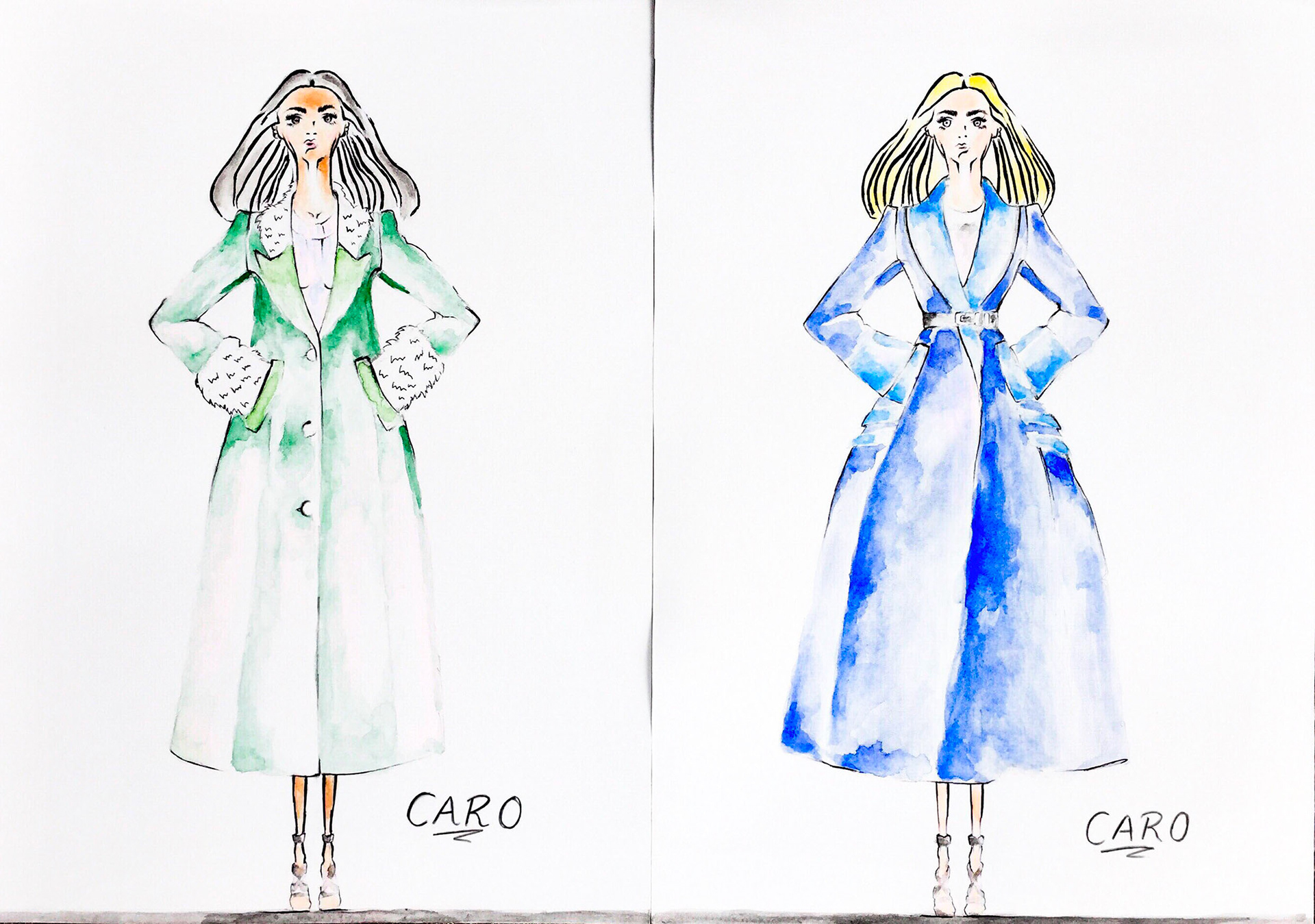 Fashion Cartoons (Fifth Set), water-based coloured pencils and ballpoint pen on card paper, 11.69 x 8.27 inches each, 2016