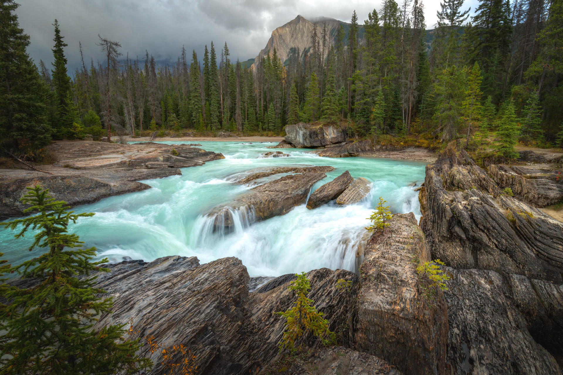 The power of the Kicking Horse River has carved out the stone at its bed, creating a natural bridge which these falls flow through.Yoho National ParkBritish Columbia, CanadaSeptember 18, 2016This is an HDR image consisting of 5 exposures merged in Photomatix Pro. Additional processing in Lightroom and Photoshop.PENTAX K-1, HD PENTAX-D FA 15-30mm F2.8ED SDM WRISO 100 18 mm  ¹⁄₁₀ sec at ƒ / 22