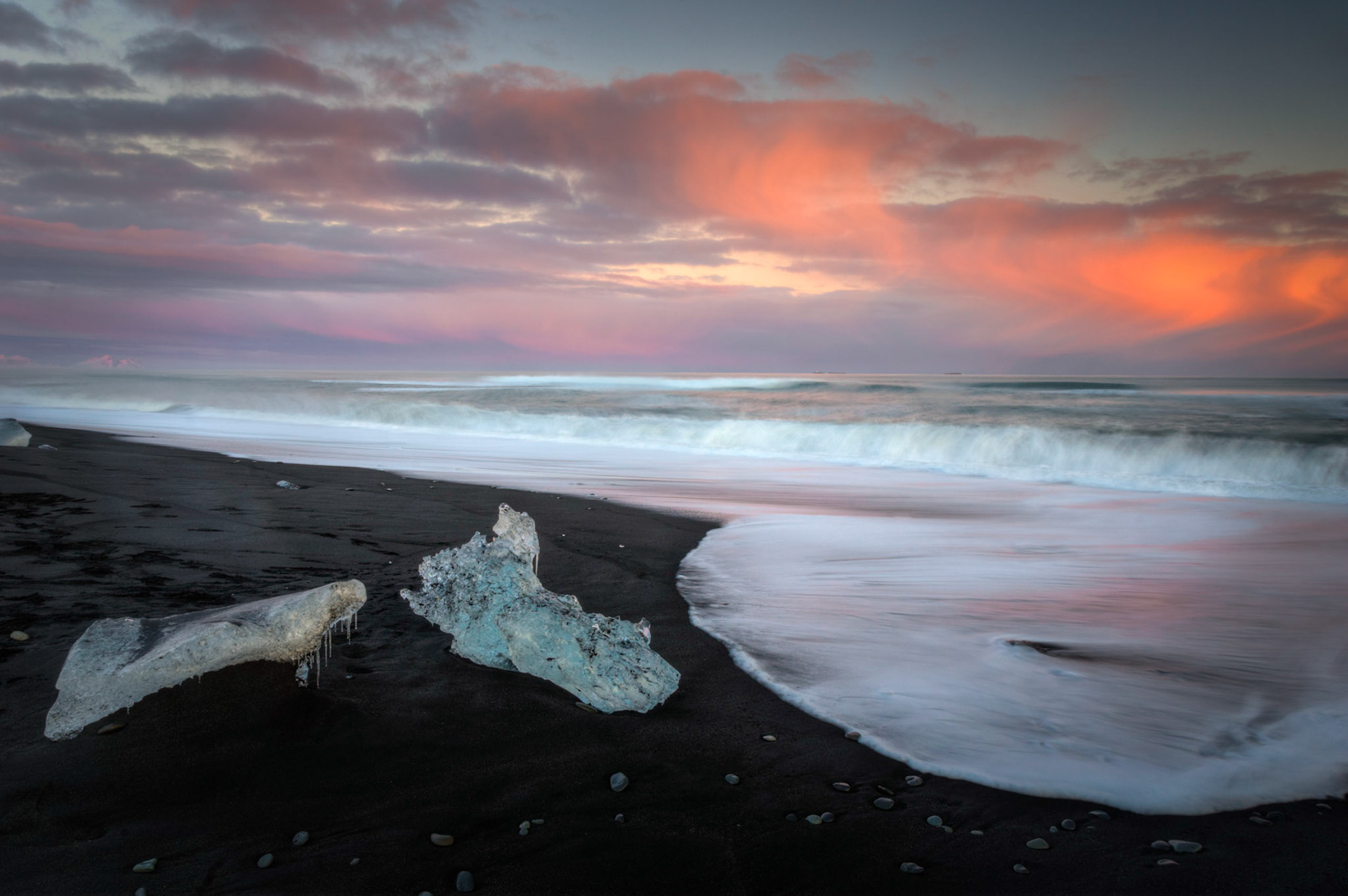 Sunset at black sand beach outside of Jökulsárlón.Austurland, IcelandFebruary 9, 2016This is an HDR image consisting of 5 exposures merged in Photomatix Pro. Additional processing in Lightroom and Photoshop.PENTAX K-3, Sigma 18-250mm f/3.5-6.3 DC OS HSMISO 100 18 mm  2.0 sec at ƒ / 18