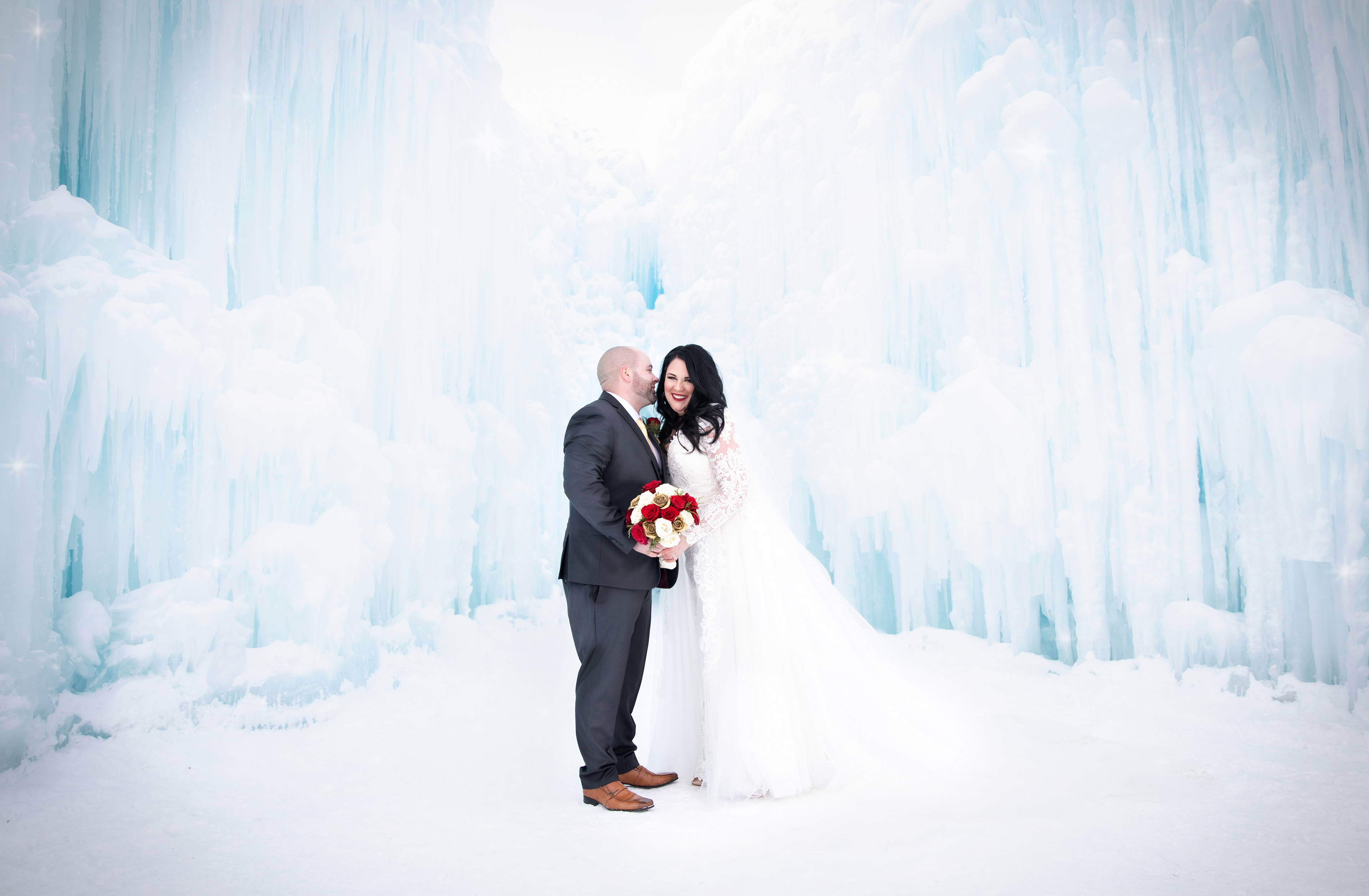 Bride and groom at ice castles in Edmonton